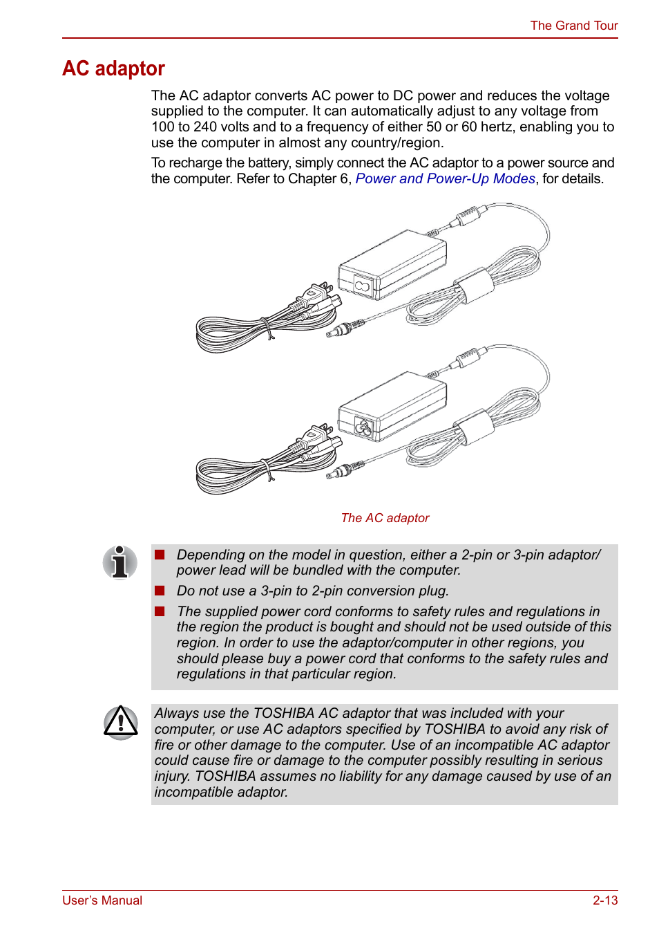 Ac adaptor, Ac adaptor -13 | Toshiba Qosmio X500 User Manual | Page 54 / 213