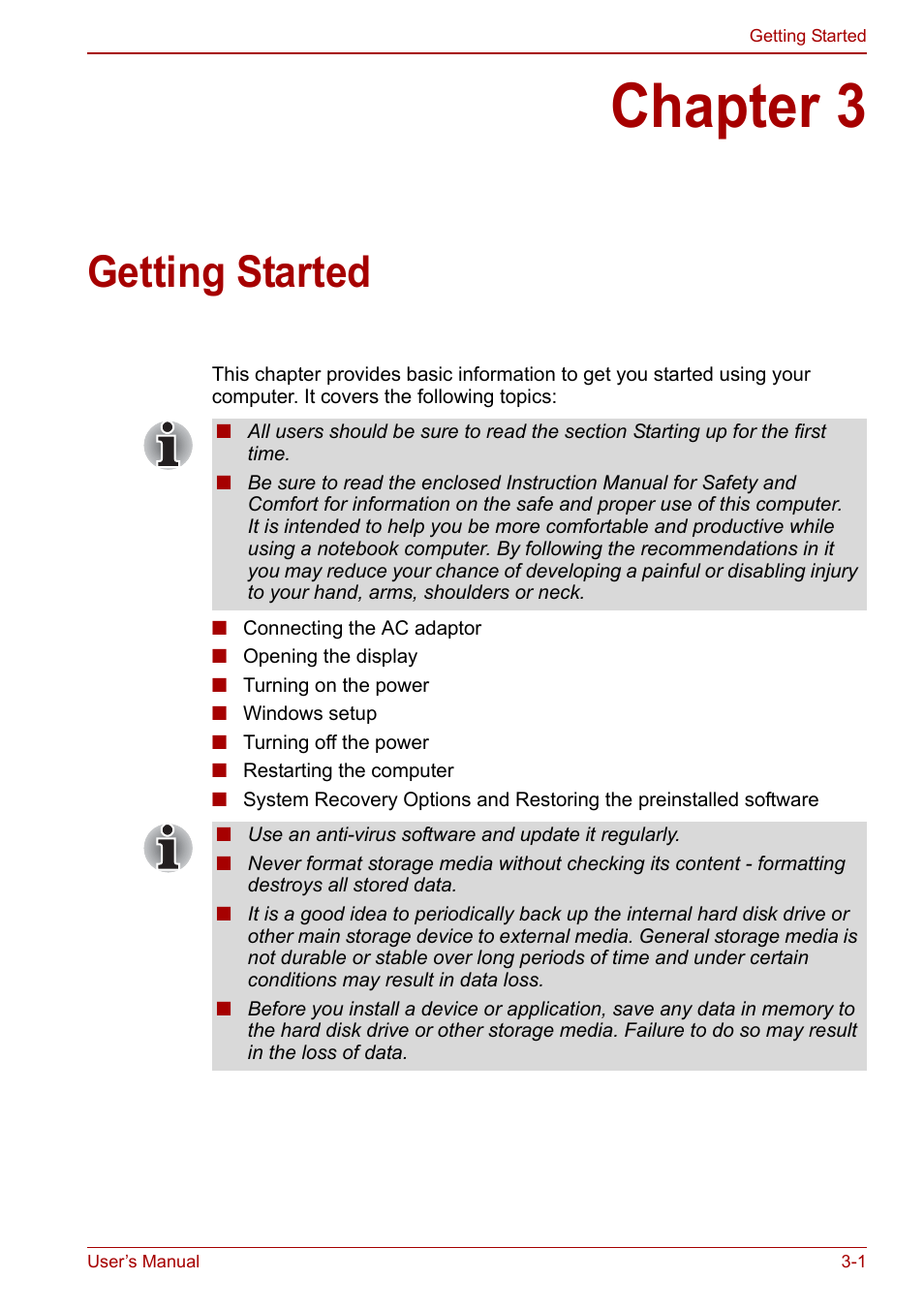 Chapter 3: getting started, Chapter 3, Getting started | Toshiba Qosmio X500 User Manual | Page 68 / 213