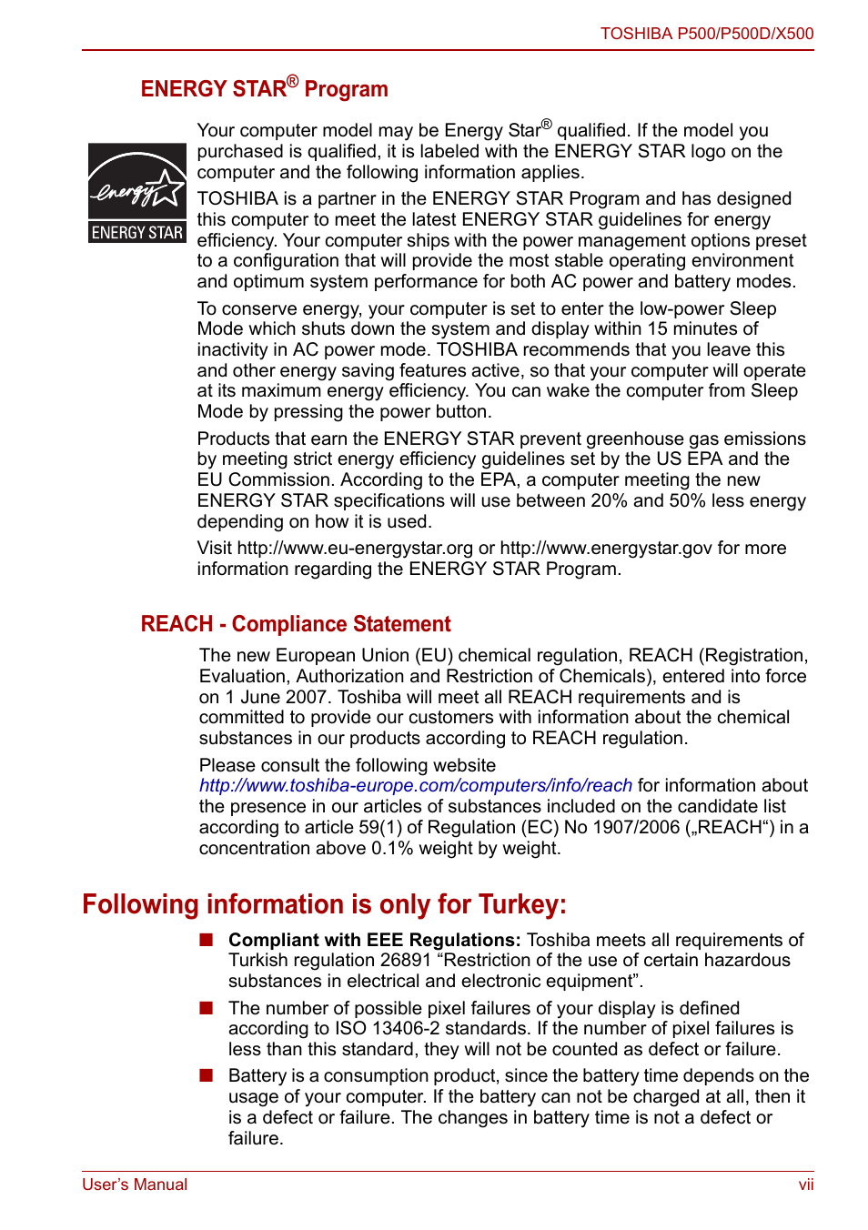 Following information is only for turkey, Energy star, Program reach - compliance statement | Toshiba Qosmio X500 User Manual | Page 7 / 213