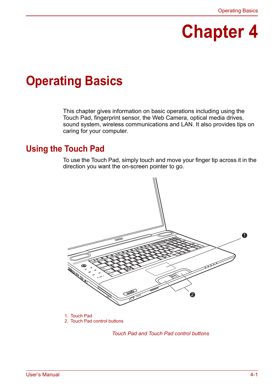 Chapter 4: operating basics, Using the touch pad, Chapter 4 | Operating basics, Using the touch pad -1, Operating, Basics | Toshiba Qosmio X500 User Manual | Page 80 / 213