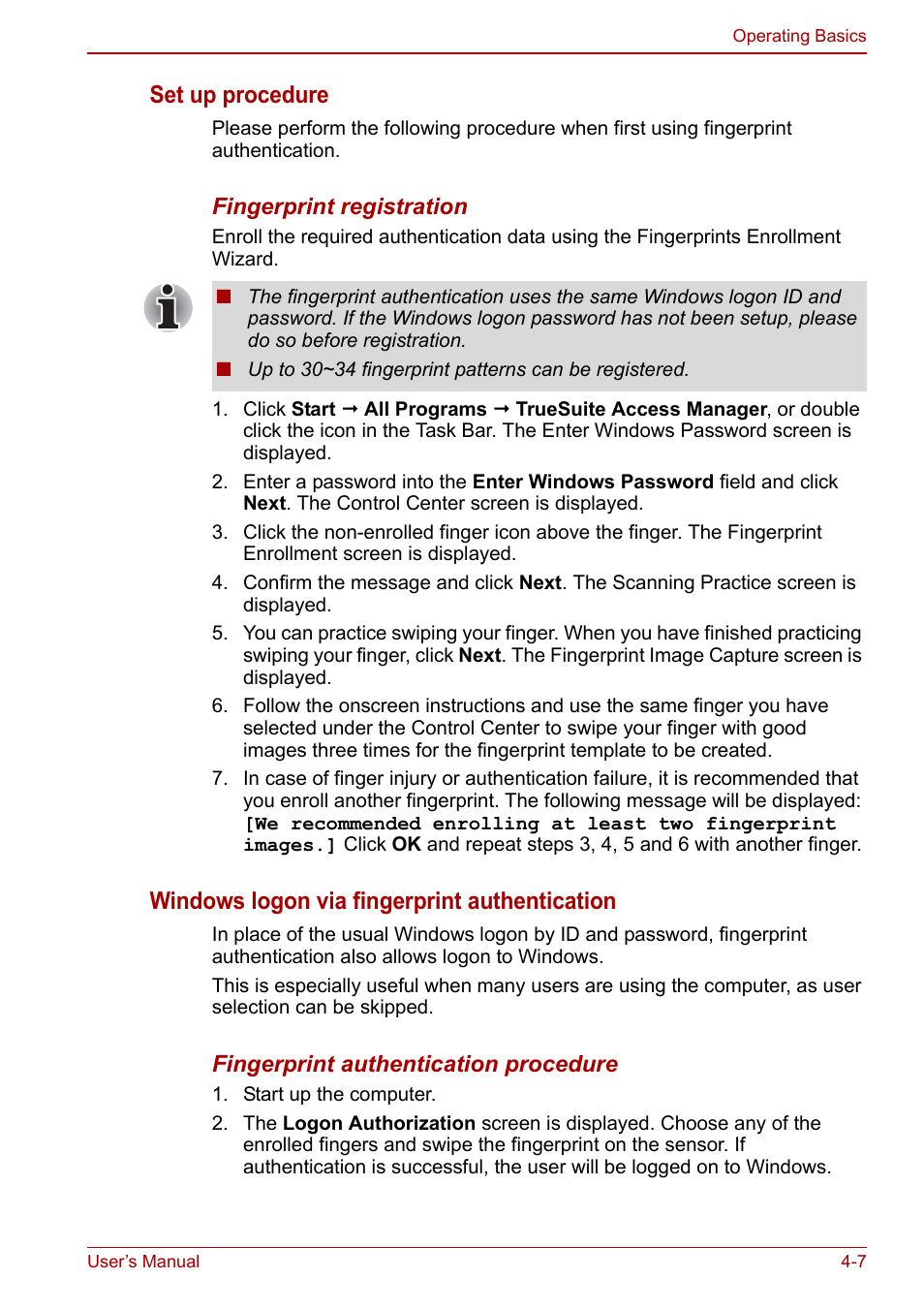 Set up procedure, Windows logon via fingerprint authentication | Toshiba Qosmio X500 User Manual | Page 86 / 213