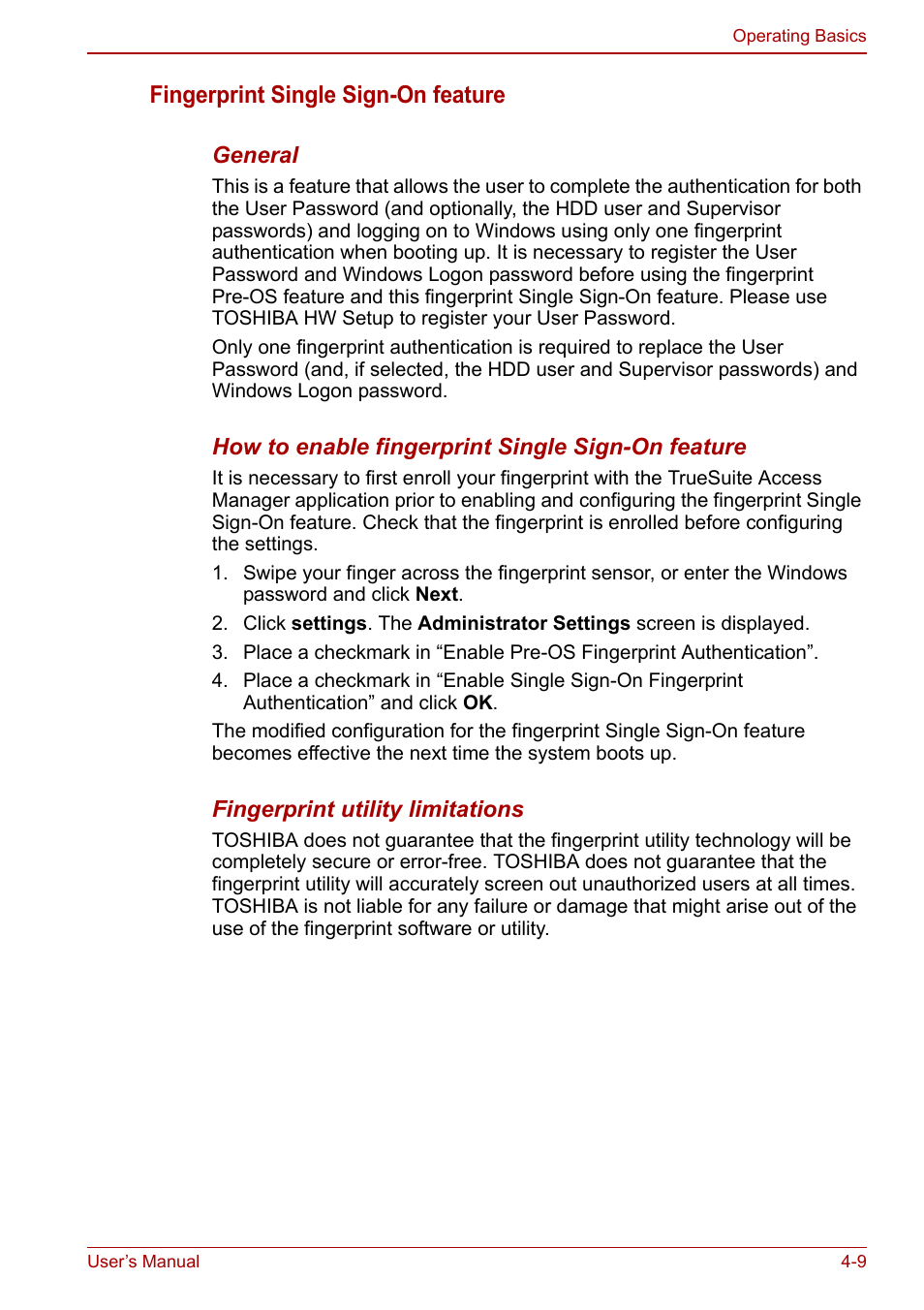 Fingerprint single sign-on feature | Toshiba Qosmio X500 User Manual | Page 88 / 213