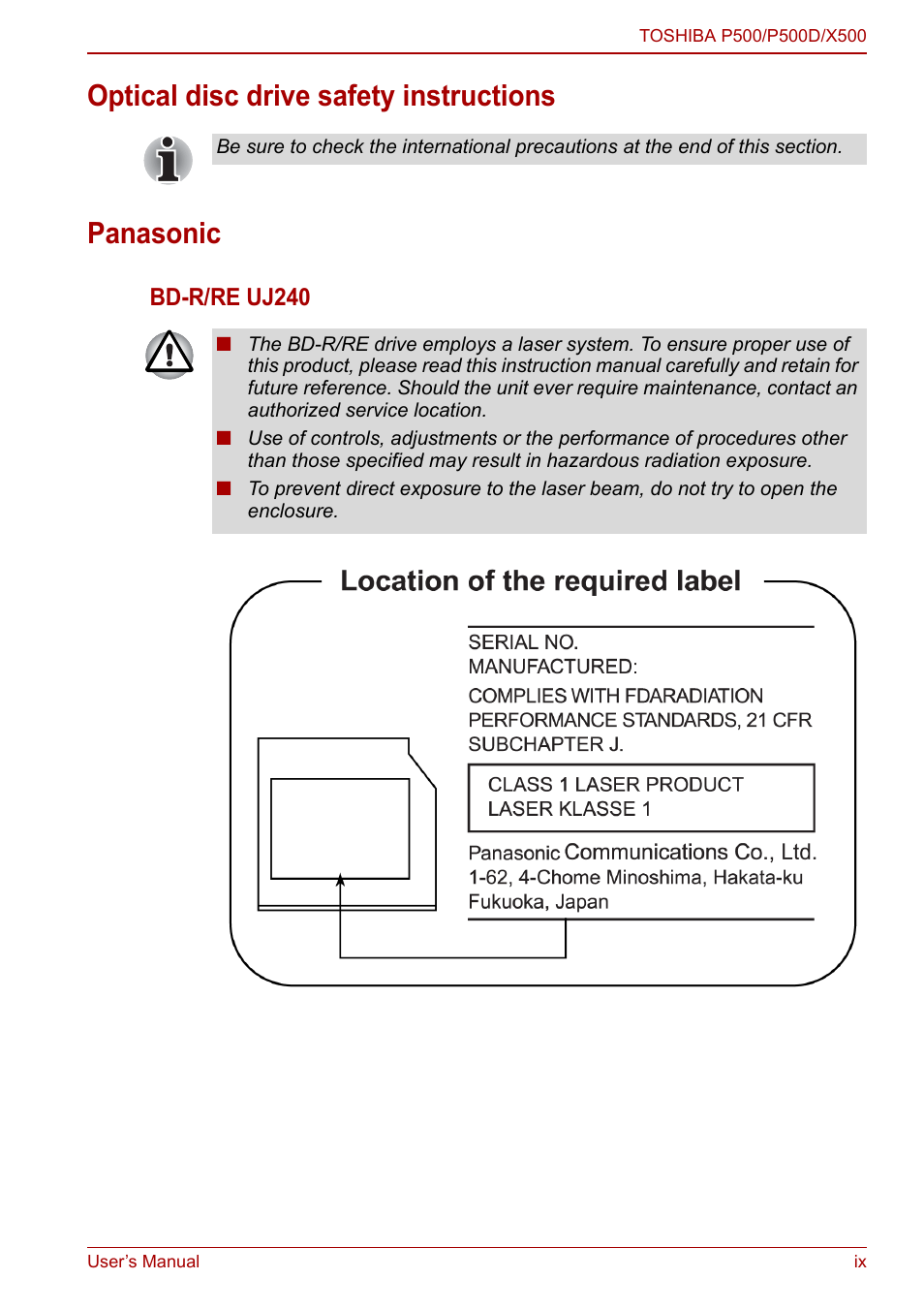 Optical disc drive safety instructions panasonic | Toshiba Qosmio X500 User Manual | Page 9 / 213