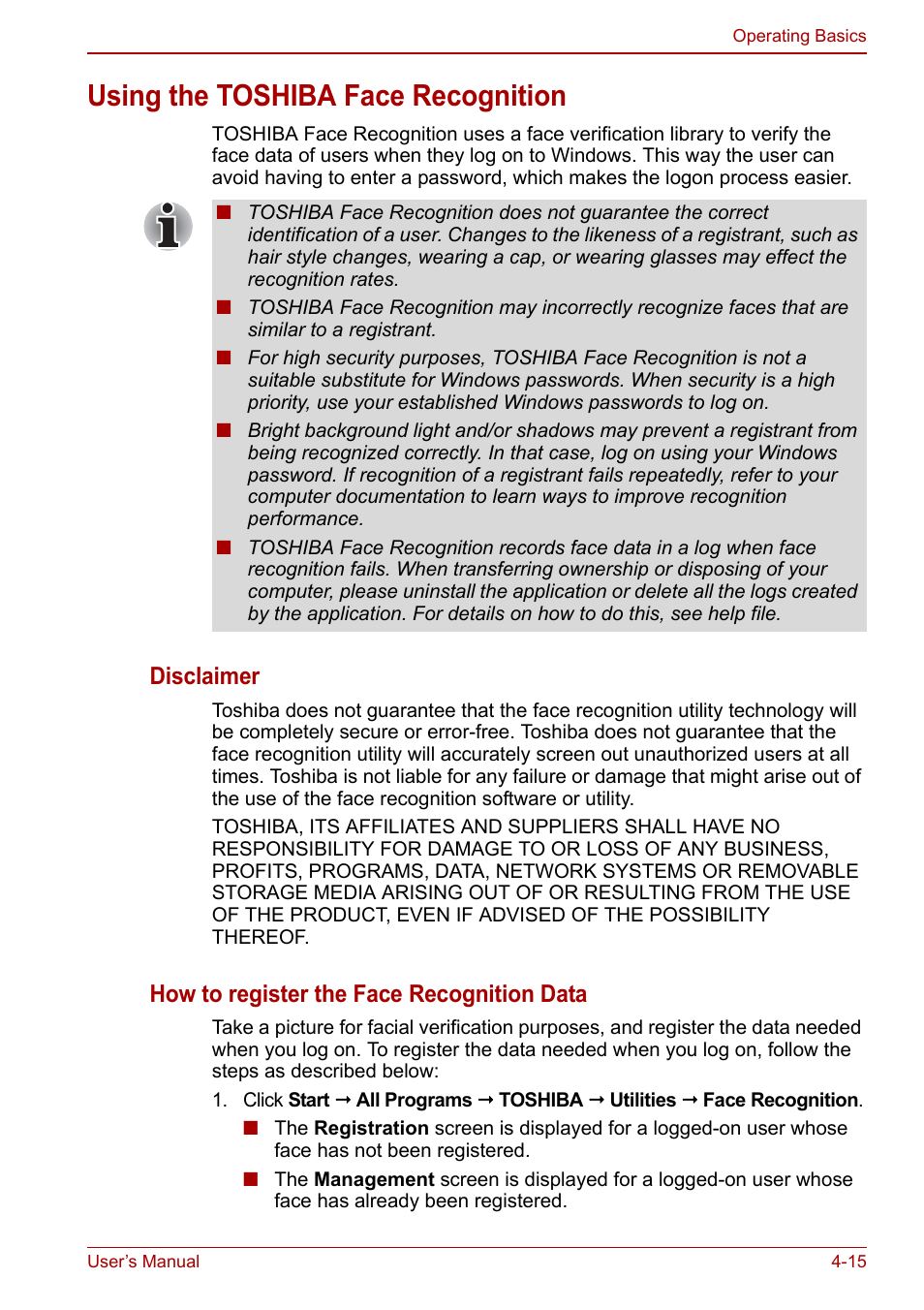 Using the toshiba face recognition, Using the toshiba face recognition -15, Disclaimer | How to register the face recognition data | Toshiba Qosmio X500 User Manual | Page 94 / 213