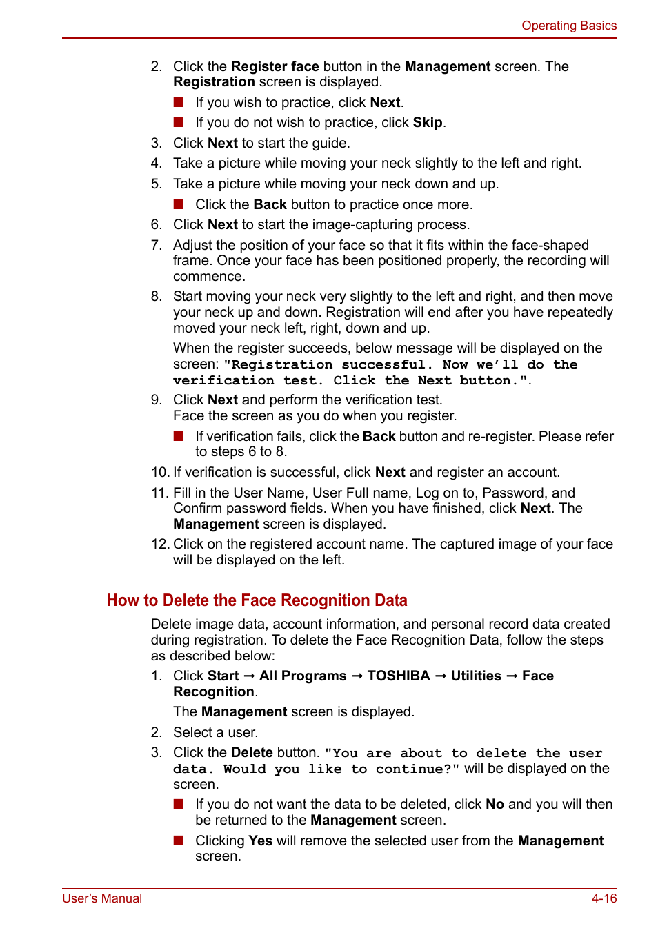 How to delete the face recognition data | Toshiba Qosmio X500 User Manual | Page 95 / 213