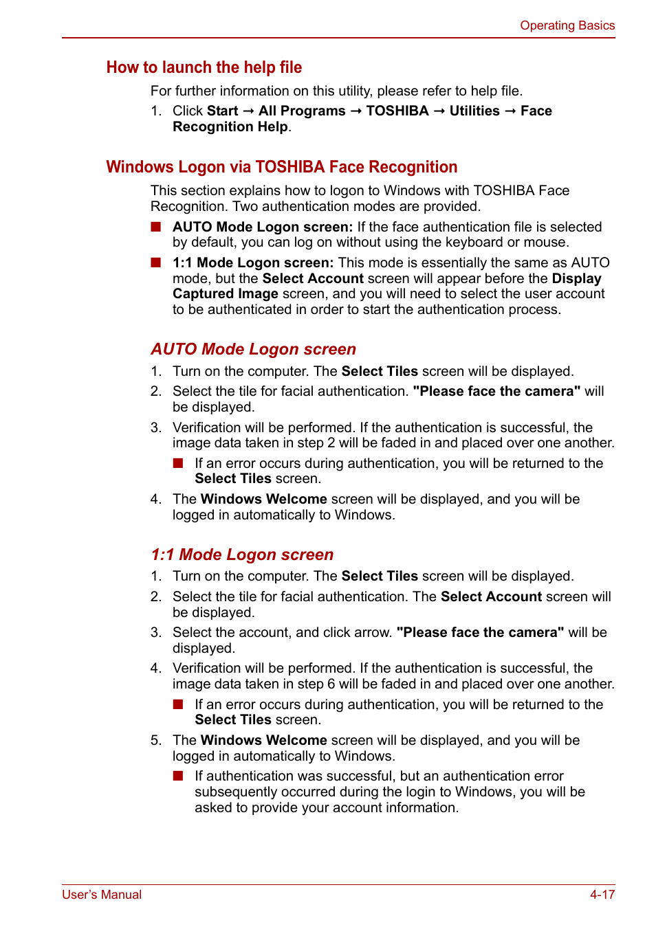 How to launch the help file, Windows logon via toshiba face recognition | Toshiba Qosmio X500 User Manual | Page 96 / 213