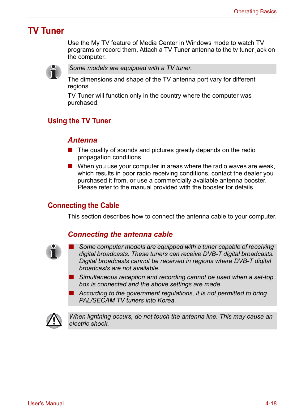 Tv tuner, Tv tuner -18, Using the tv tuner | Connecting the cable | Toshiba Qosmio X500 User Manual | Page 97 / 213