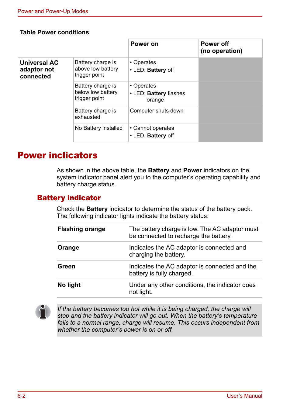 Power inclicators, Power inclicators -2, Battery indicator | Toshiba Satellite Pro L100 (PSLA1) User Manual | Page 106 / 186