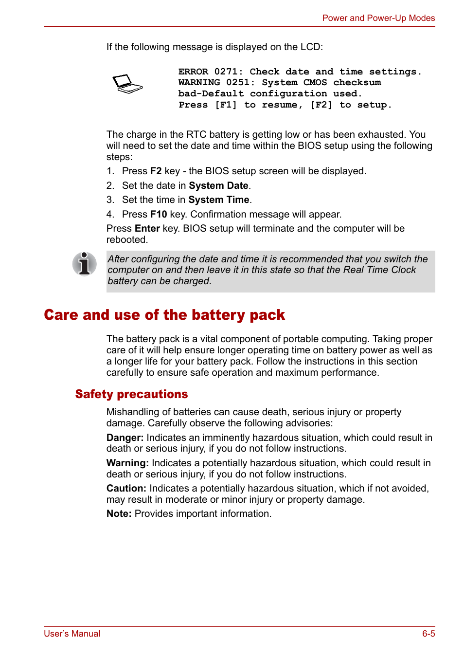 Care and use of the battery pack, Care and use of the battery pack -5, Safety precautions | Toshiba Satellite Pro L100 (PSLA1) User Manual | Page 109 / 186