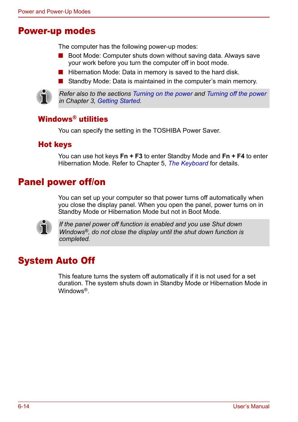 Power-up modes, Panel power off/on, System auto off | Windows, Utilities, Hot keys | Toshiba Satellite Pro L100 (PSLA1) User Manual | Page 118 / 186