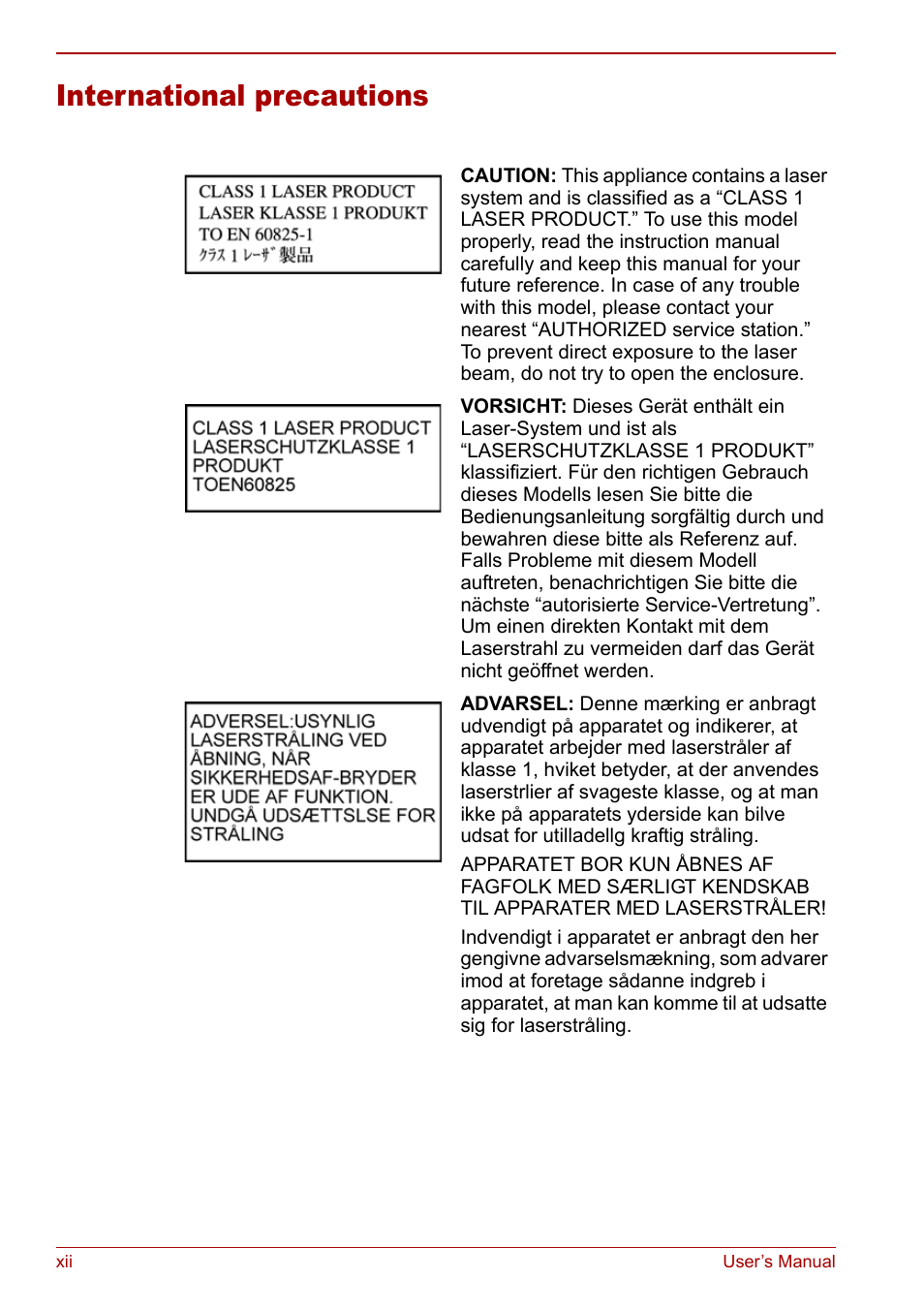 International precautions | Toshiba Satellite Pro L100 (PSLA1) User Manual | Page 12 / 186