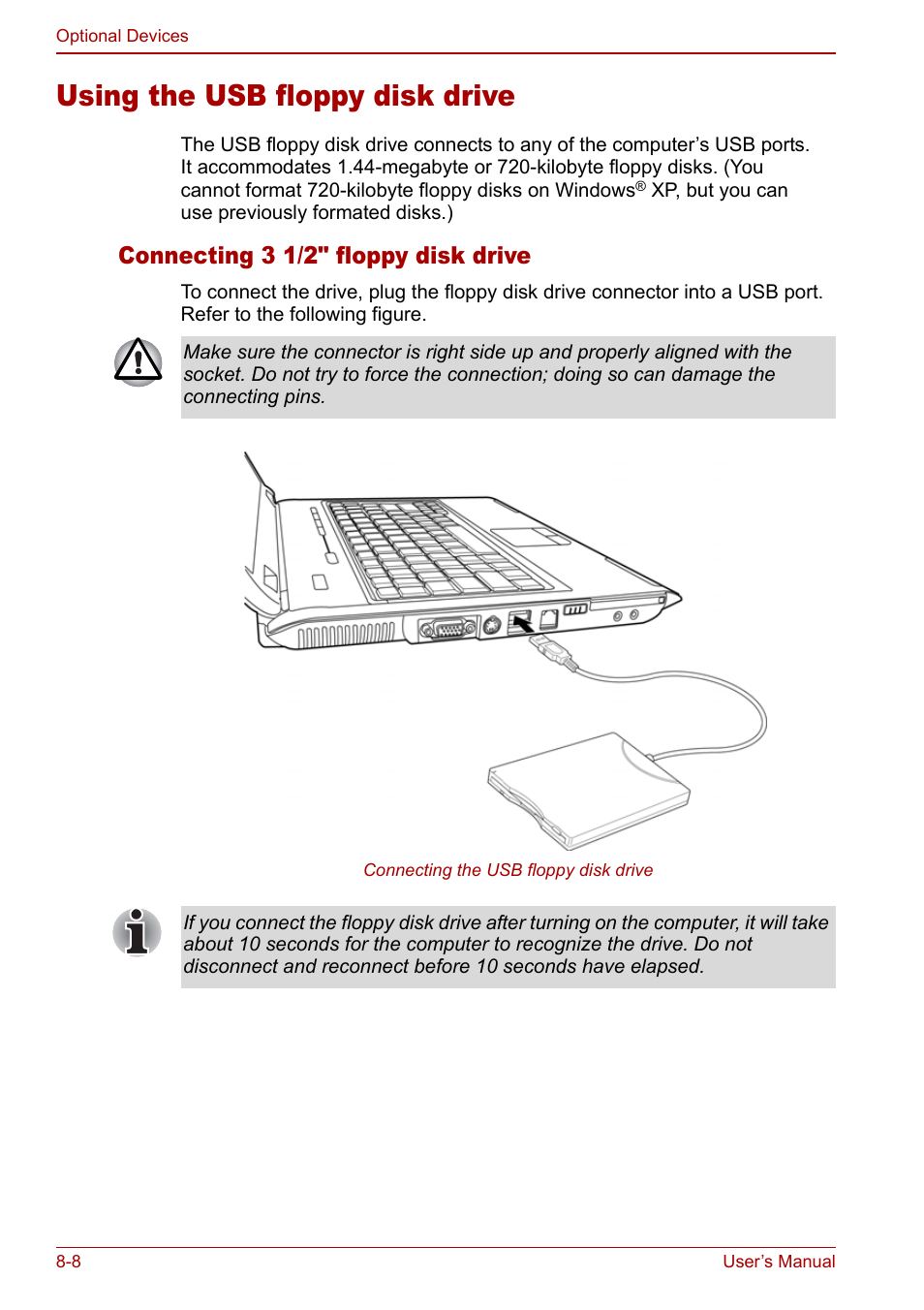 Using the usb floppy disk drive, Using the usb floppy disk drive -8, Connecting 3 1/2" floppy disk drive | Toshiba Satellite Pro L100 (PSLA1) User Manual | Page 130 / 186