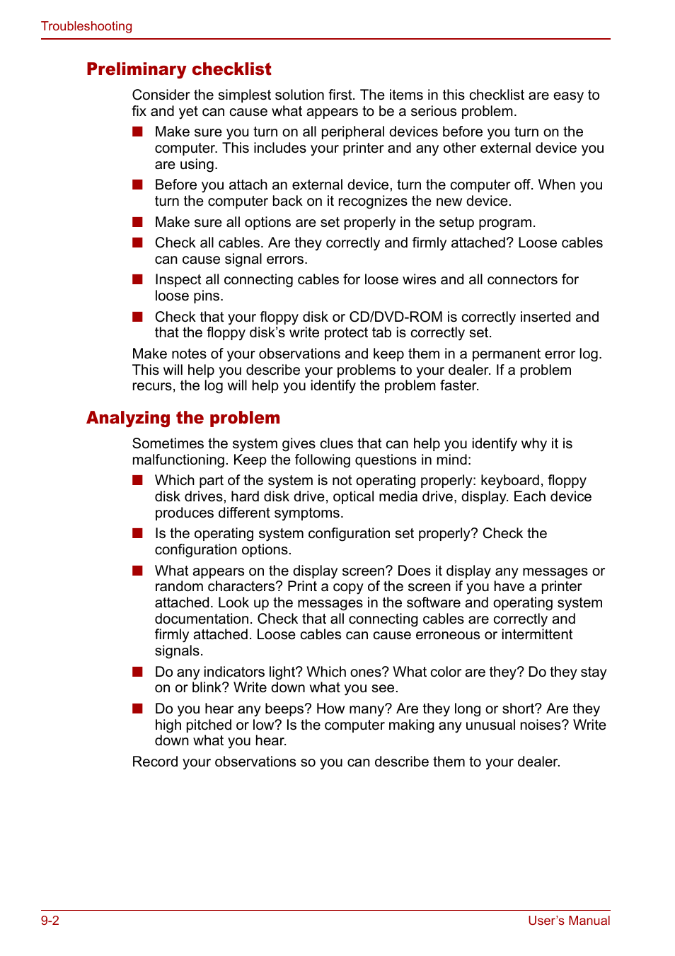 Preliminary checklist, Analyzing the problem | Toshiba Satellite Pro L100 (PSLA1) User Manual | Page 136 / 186