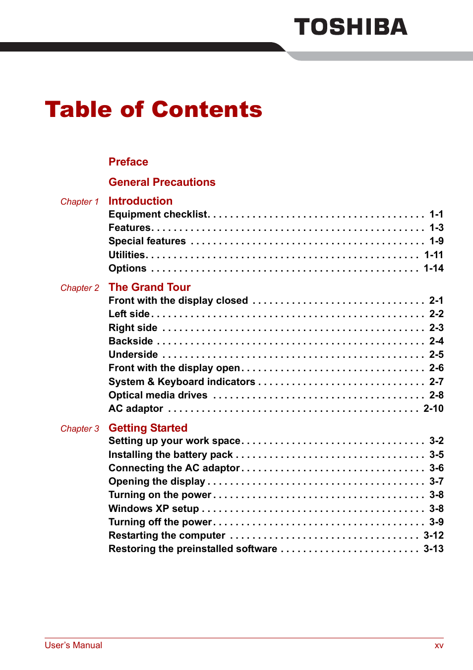 Toshiba Satellite Pro L100 (PSLA1) User Manual | Page 15 / 186