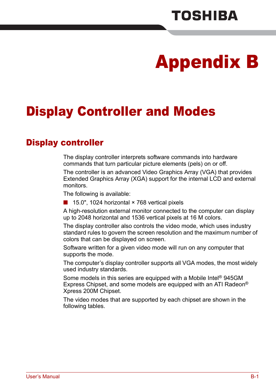 Appendix b - display controller and modes, Appendix b, Display controller and modes | Dix b, Display, Controller and modes, Display controller, And modes | Toshiba Satellite Pro L100 (PSLA1) User Manual | Page 153 / 186