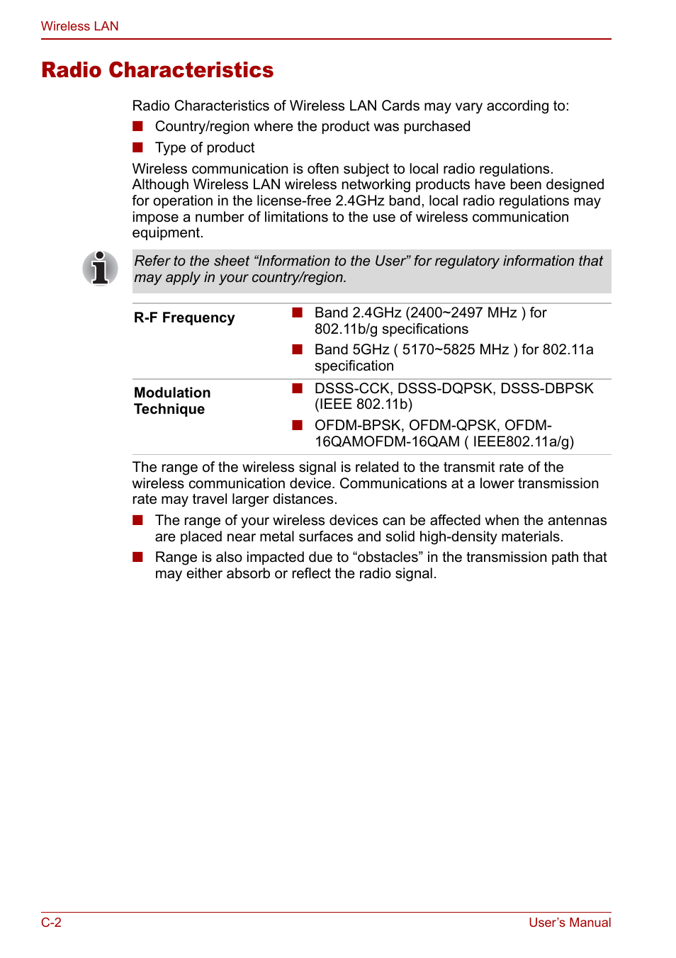 Radio characteristics | Toshiba Satellite Pro L100 (PSLA1) User Manual | Page 164 / 186