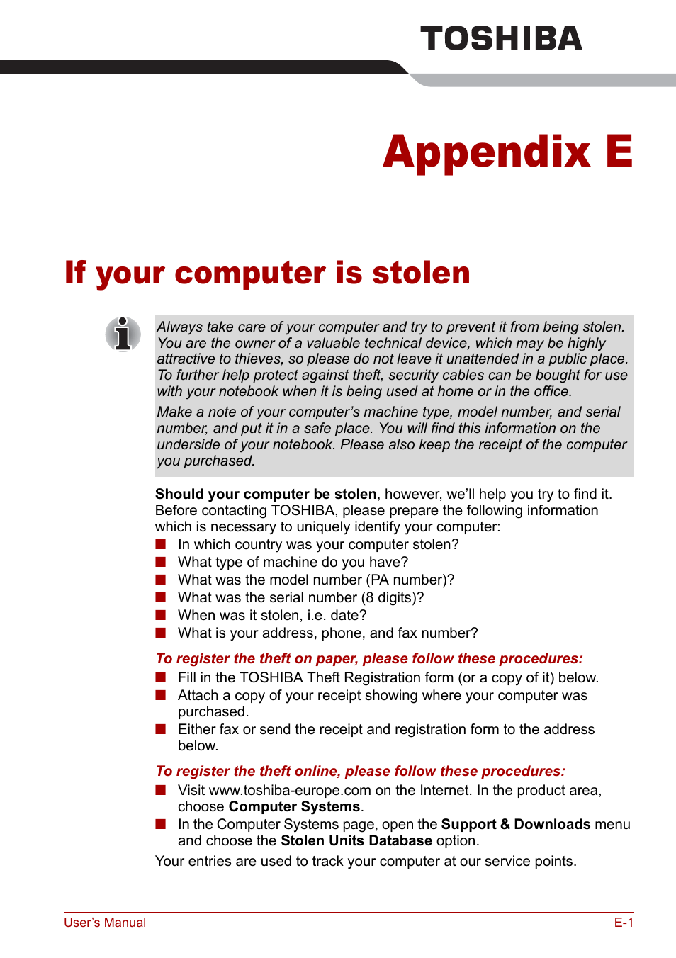 Appendix e - if your computer is stolen, Appendix e, If your computer is stolen | Toshiba Satellite Pro L100 (PSLA1) User Manual | Page 169 / 186