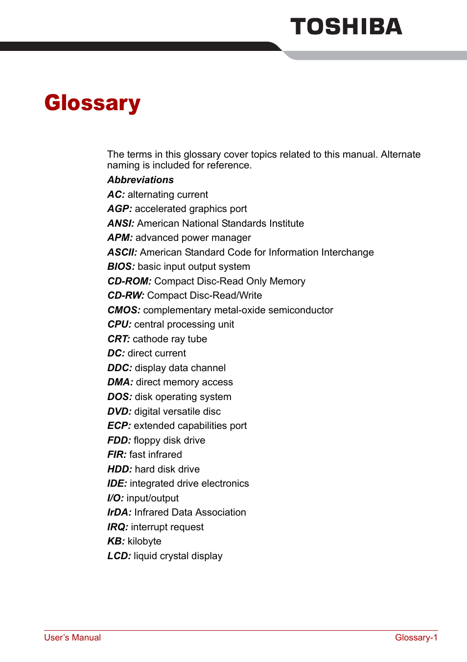 Glossary | Toshiba Satellite Pro L100 (PSLA1) User Manual | Page 171 / 186