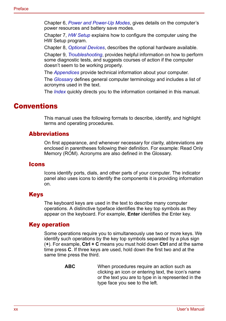 Conventions, Abbreviations, Icons | Keys, Key operation | Toshiba Satellite Pro L100 (PSLA1) User Manual | Page 20 / 186