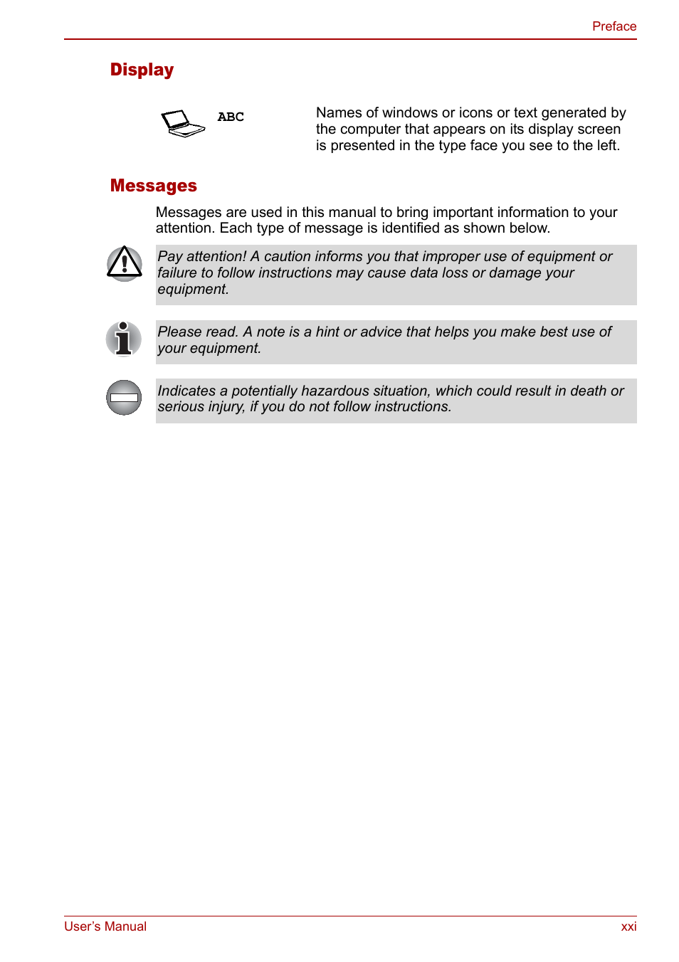 Display messages | Toshiba Satellite Pro L100 (PSLA1) User Manual | Page 21 / 186