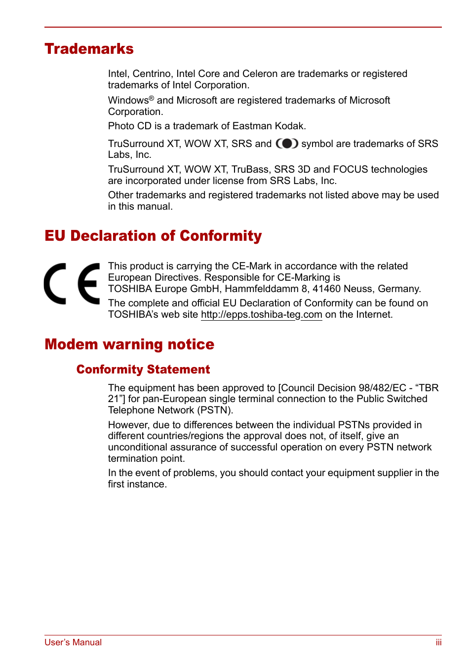 Trademarks, Eu declaration of conformity, Modem warning notice | Toshiba Satellite Pro L100 (PSLA1) User Manual | Page 3 / 186