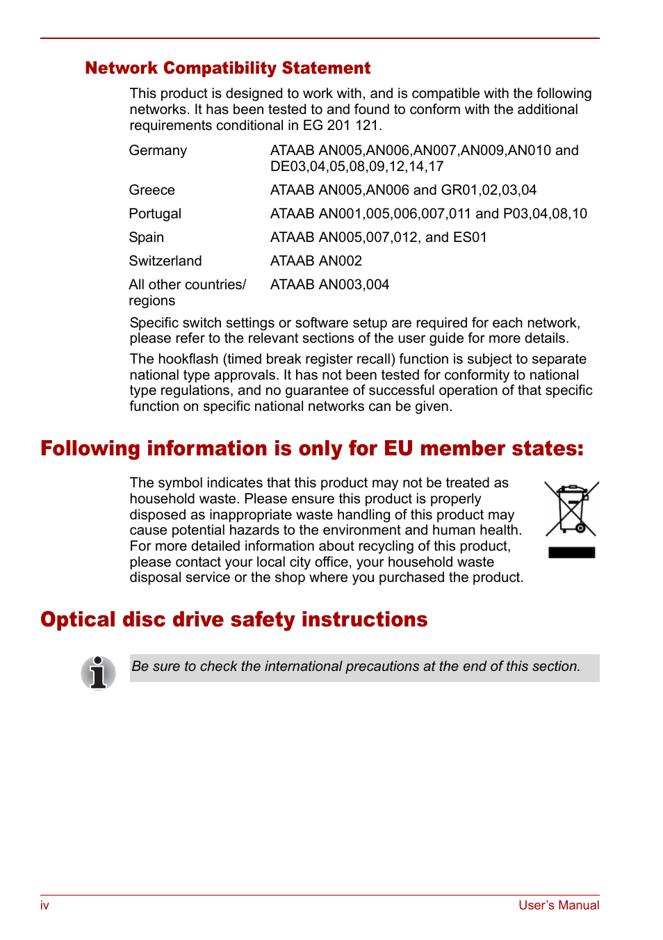Following information is only for eu member states, Optical disc drive safety instructions | Toshiba Satellite Pro L100 (PSLA1) User Manual | Page 4 / 186