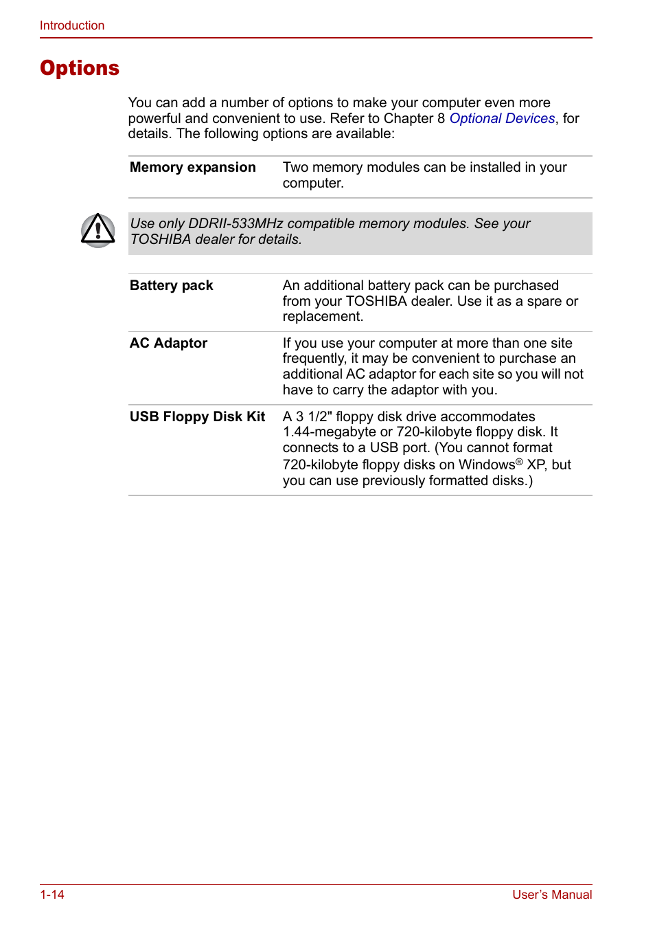 Options, Options -14 | Toshiba Satellite Pro L100 (PSLA1) User Manual | Page 42 / 186