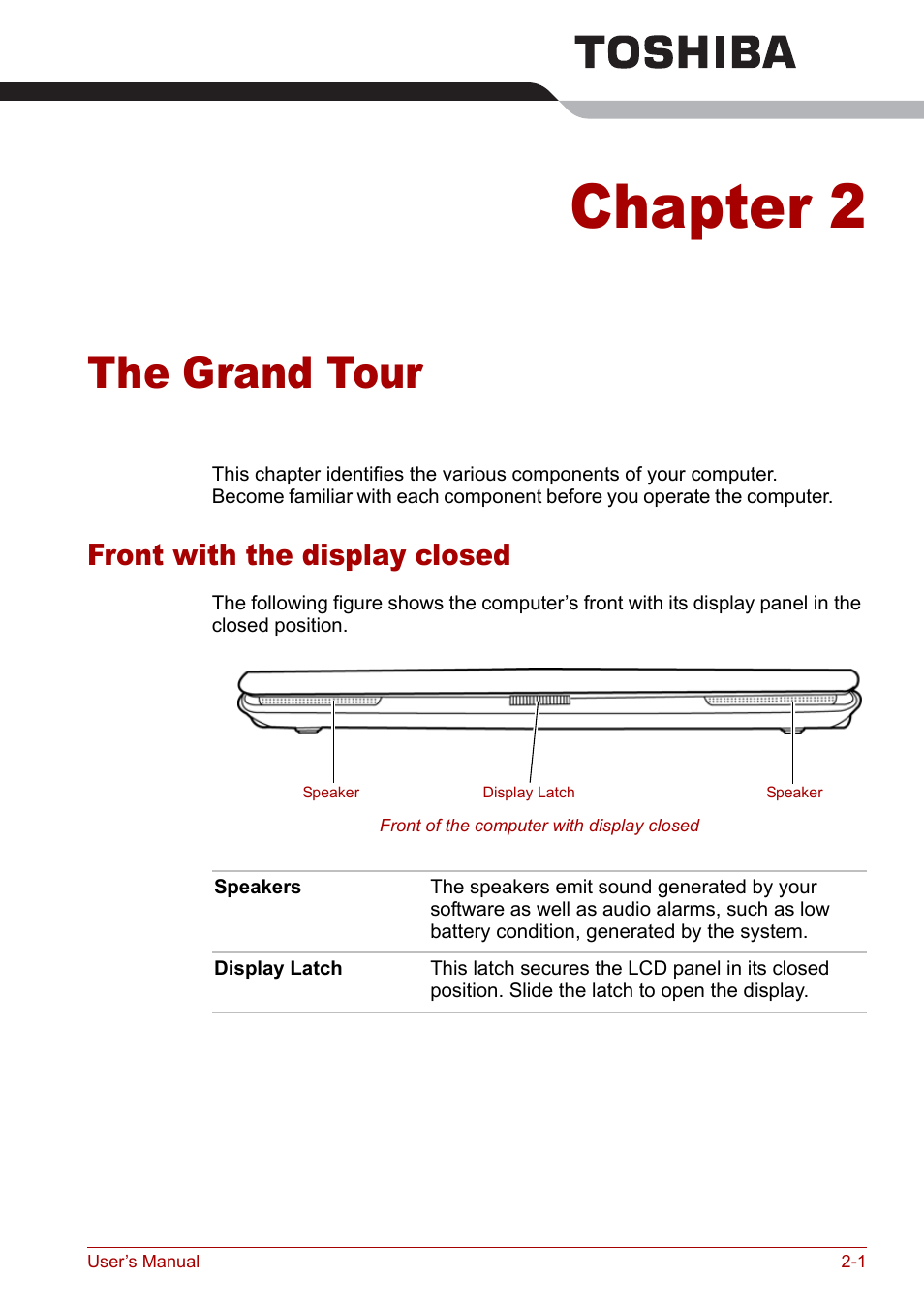 Chapter 2 - the grand tour, Front with the display closed, Chapter 2 | The grand tour, Front with the display closed -1 | Toshiba Satellite Pro L100 (PSLA1) User Manual | Page 45 / 186