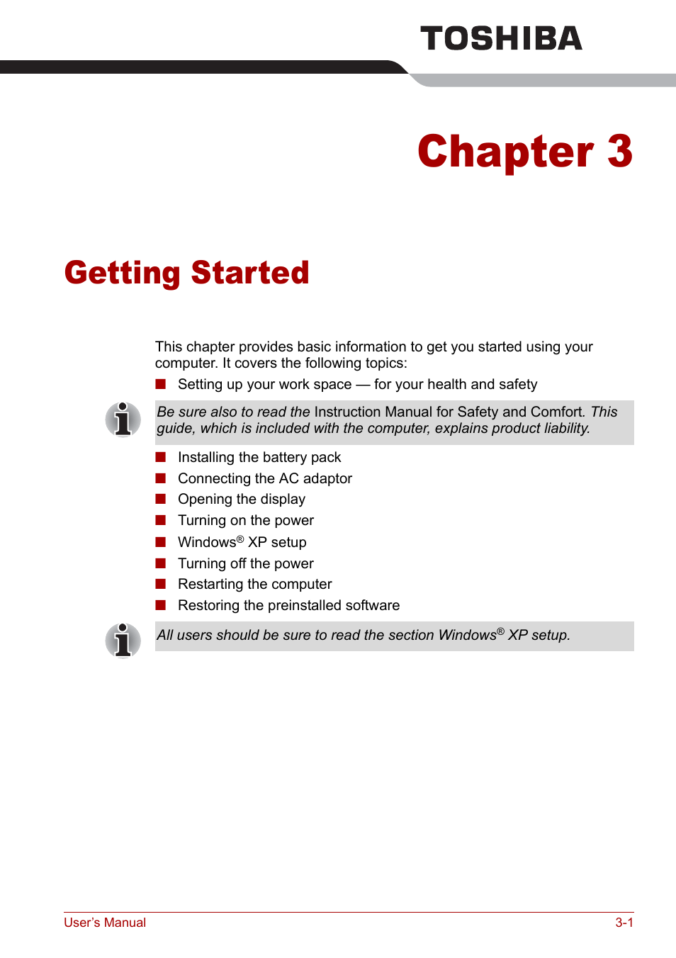 Chapter 3 - getting started, Chapter 3, Getting started | Toshiba Satellite Pro L100 (PSLA1) User Manual | Page 57 / 186