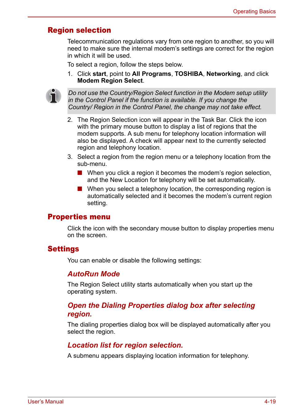 Region selection, Properties menu, Settings | Toshiba Satellite Pro L100 (PSLA1) User Manual | Page 89 / 186