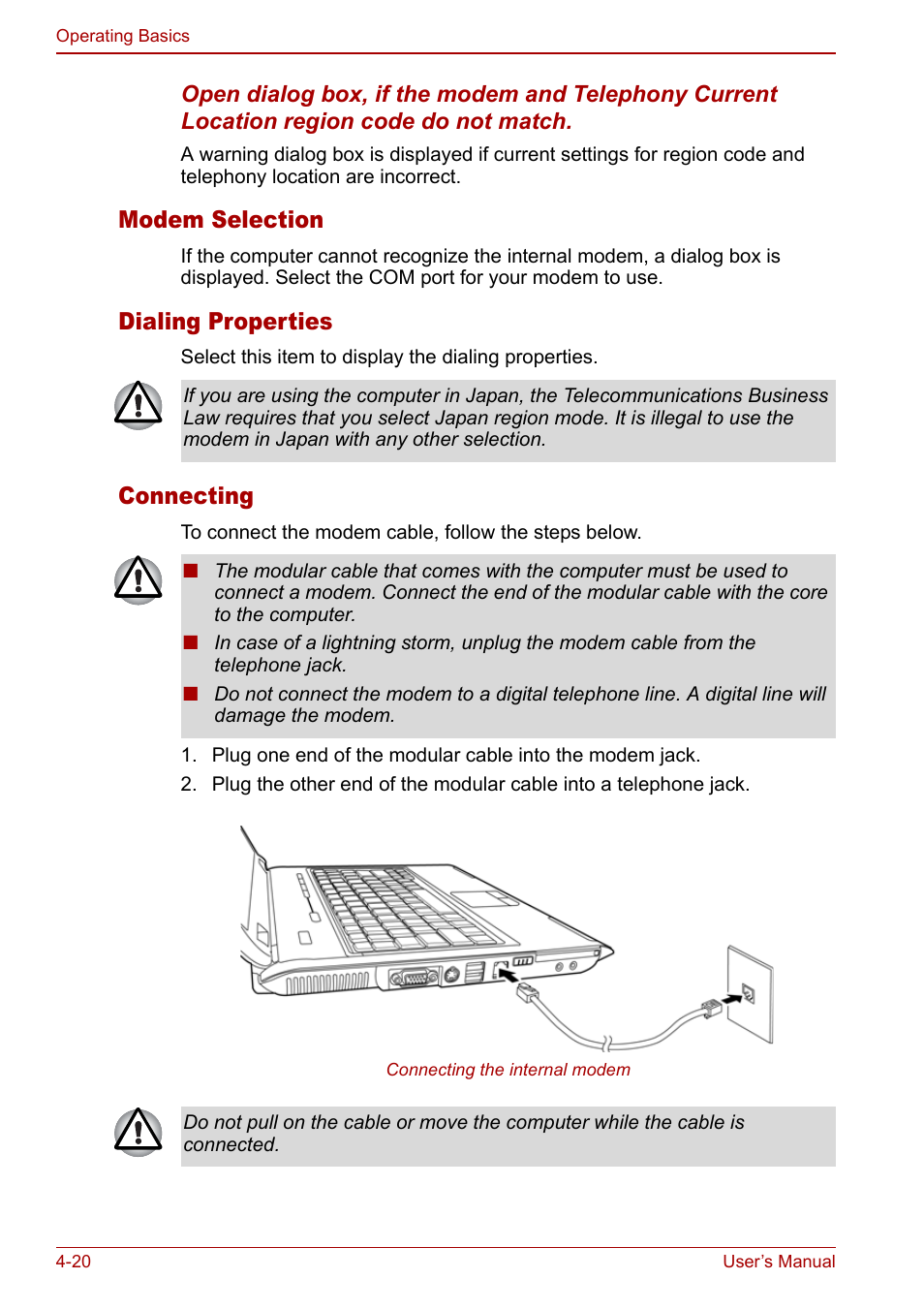 Modem selection, Dialing properties, Connecting | Toshiba Satellite Pro L100 (PSLA1) User Manual | Page 90 / 186