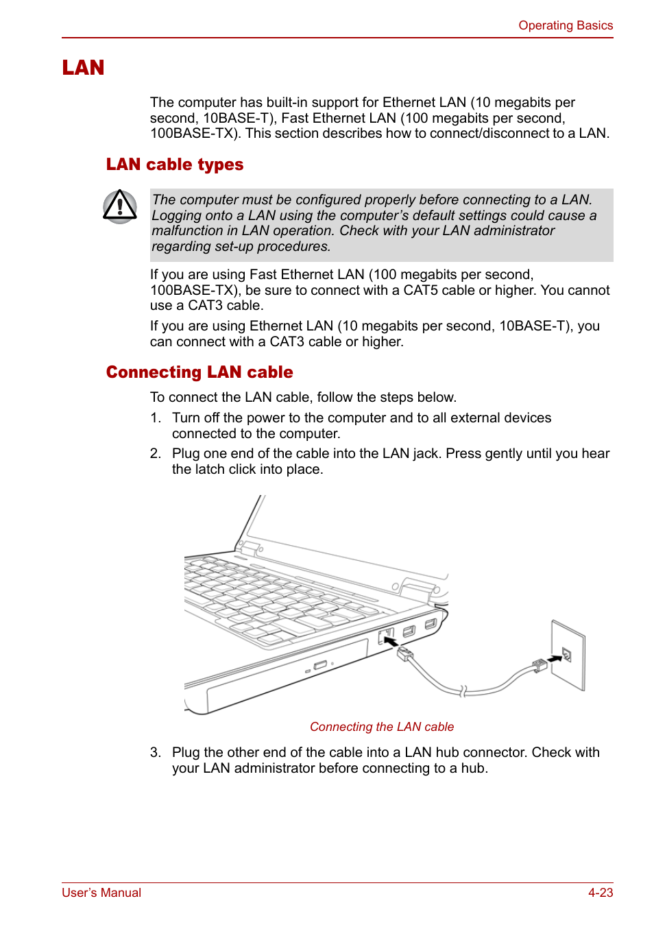 Lan -23, Lan cable types, Connecting lan cable | Toshiba Satellite Pro L100 (PSLA1) User Manual | Page 93 / 186