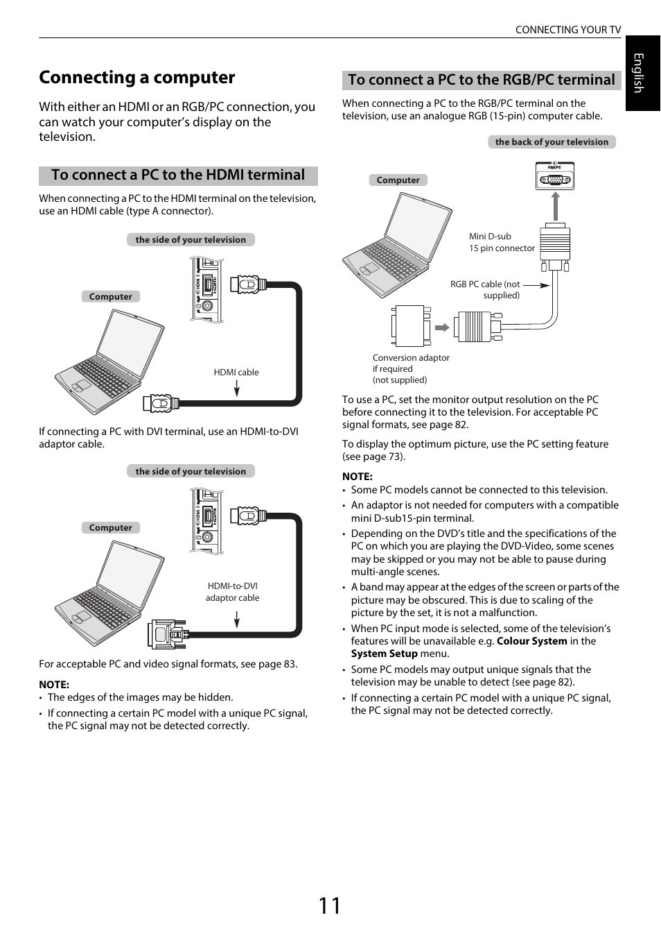 Connecting a computer, To connect a pc to the hdmi terminal, To connect a pc to the rgb/pc terminal | Toshiba RL958 User Manual | Page 11 / 88