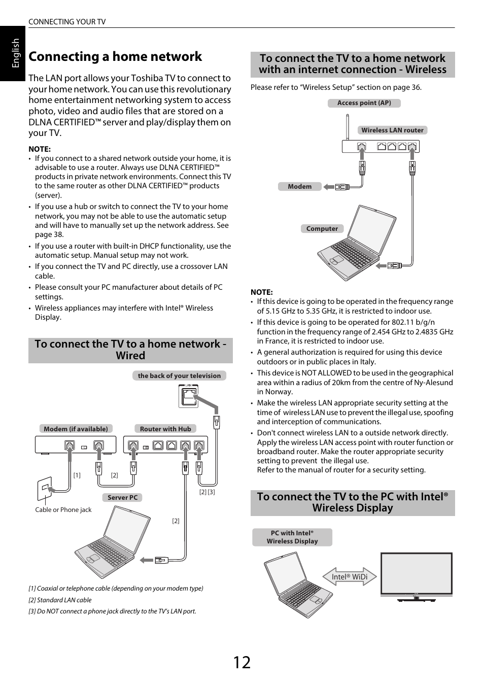 Connecting a home network, To connect the tv to a home network - wired, Internet connection - wireless | To connect the tv to the pc with, Intel® wireless display | Toshiba RL958 User Manual | Page 12 / 88