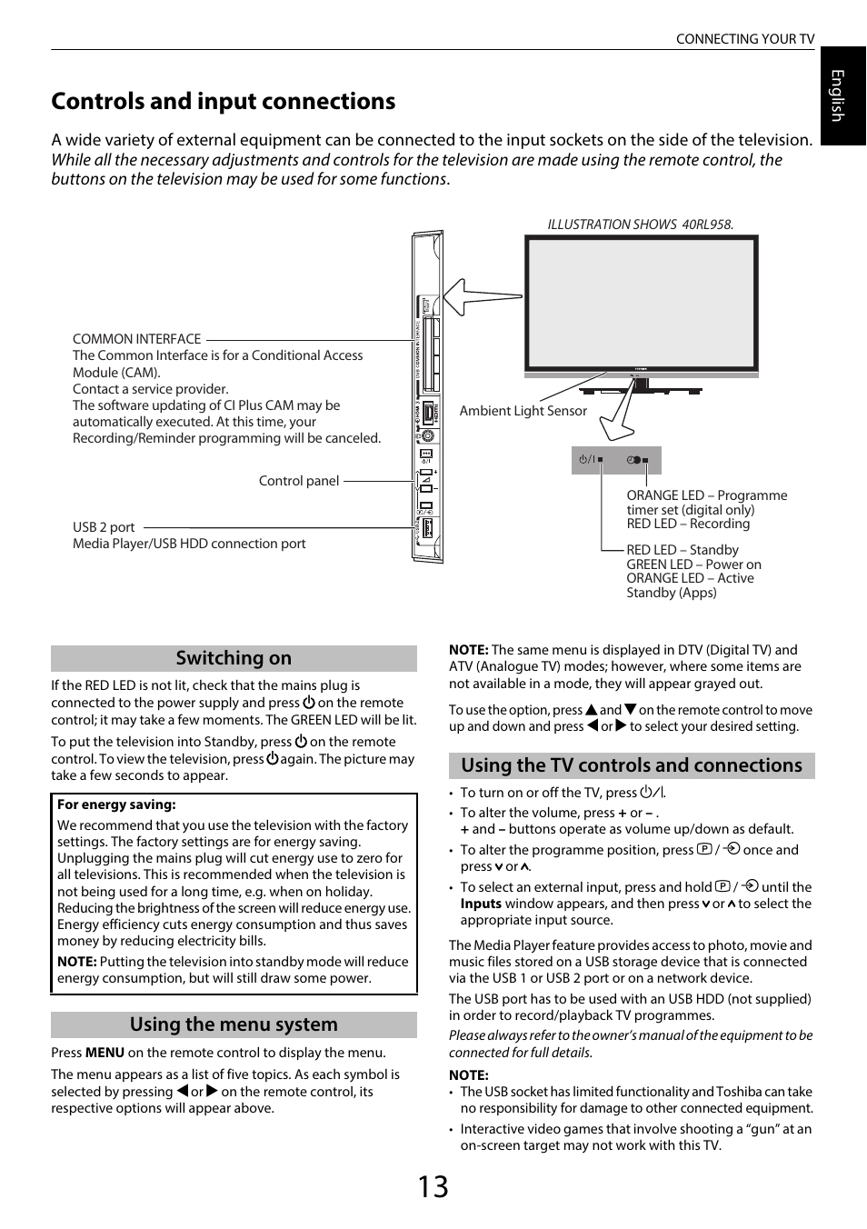 Controls and input connections, Switching on, Using the menu system | Using the tv controls and connections | Toshiba RL958 User Manual | Page 13 / 88