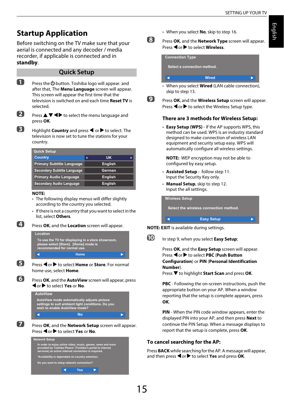 Setting up your tv, Startup application, Quick setup | Toshiba RL958 User Manual | Page 15 / 88