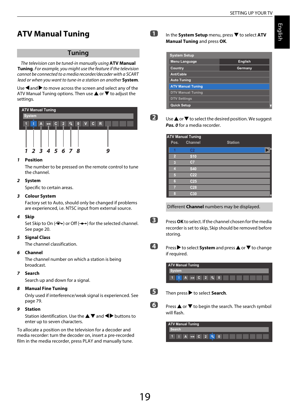 Atv manual tuning, Tuning, Engl ish | Toshiba RL958 User Manual | Page 19 / 88