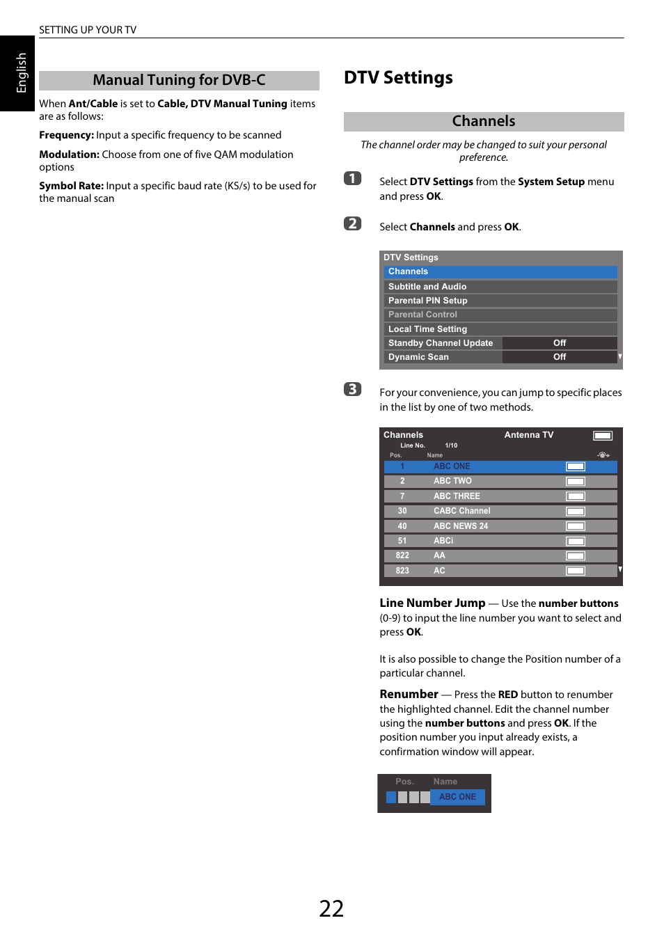 Manual tuning for dvb-c, Dtv settings, Channels | Manual tuning for dvb-c channels, En glis h | Toshiba RL958 User Manual | Page 22 / 88