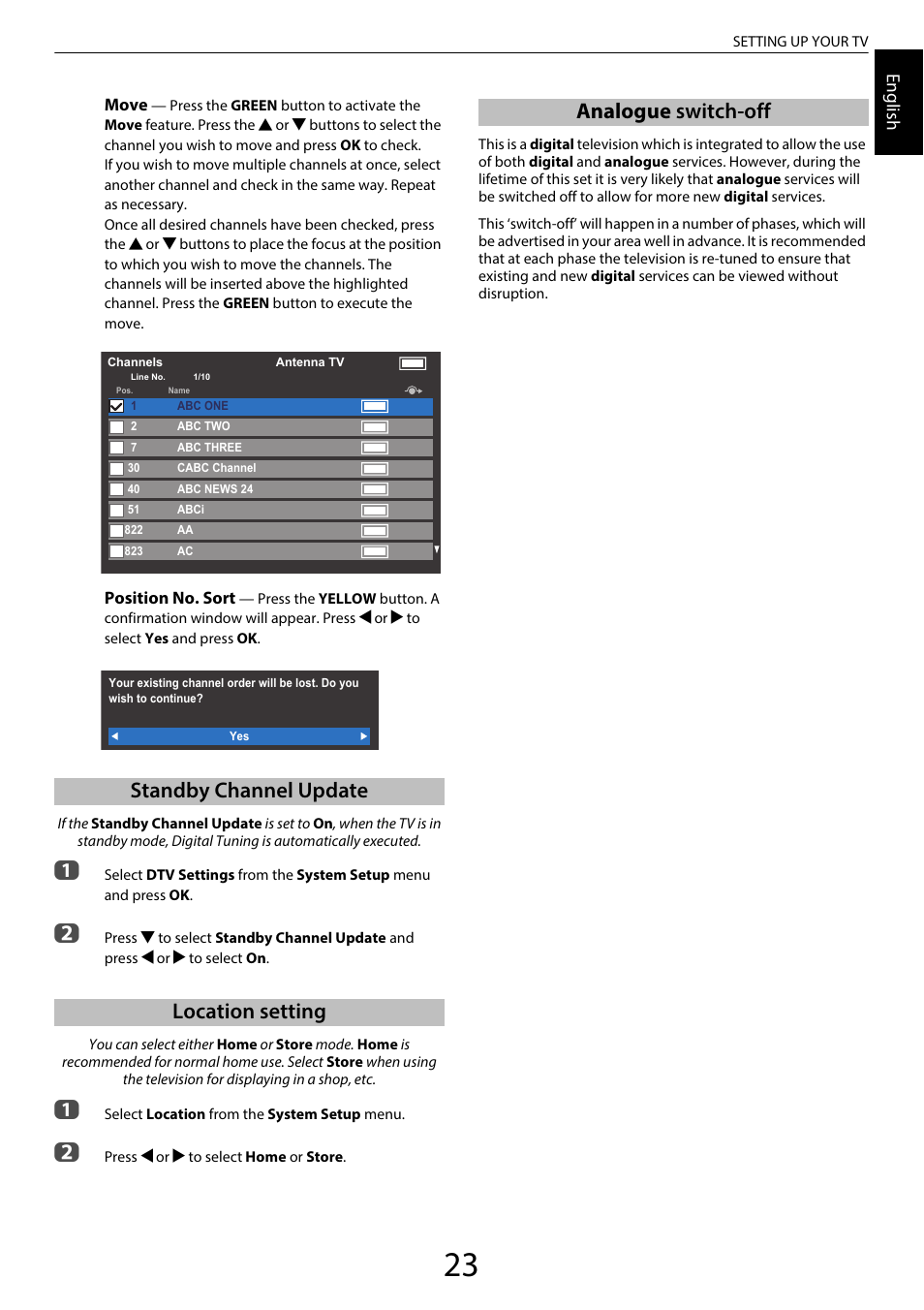 Standby channel update, Location setting, Analogue switch-off | Standby channel update location setting, Engl ish | Toshiba RL958 User Manual | Page 23 / 88