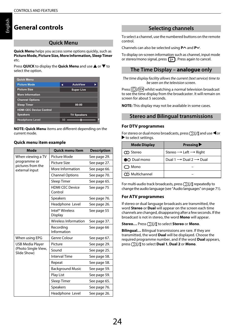 Controls and features, General controls, Quick menu | Selecting channels, The time display – analogue only, Stereo and bilingual transmissions | Toshiba RL958 User Manual | Page 24 / 88