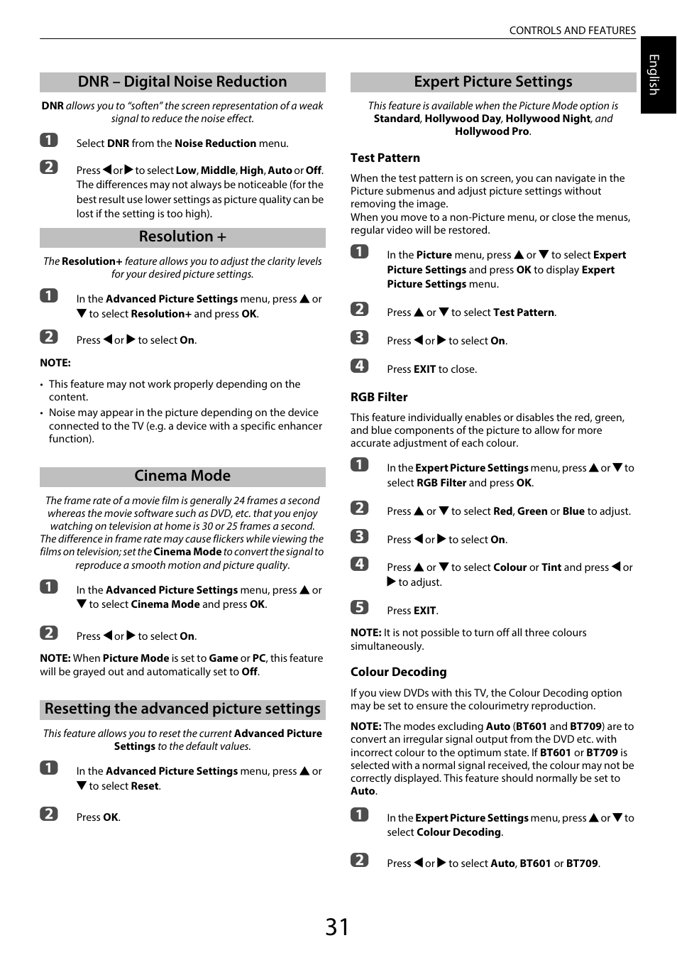 Dnr – digital noise reduction, Resolution, Cinema mode | Resetting the advanced picture settings, Expert picture settings | Toshiba RL958 User Manual | Page 31 / 88