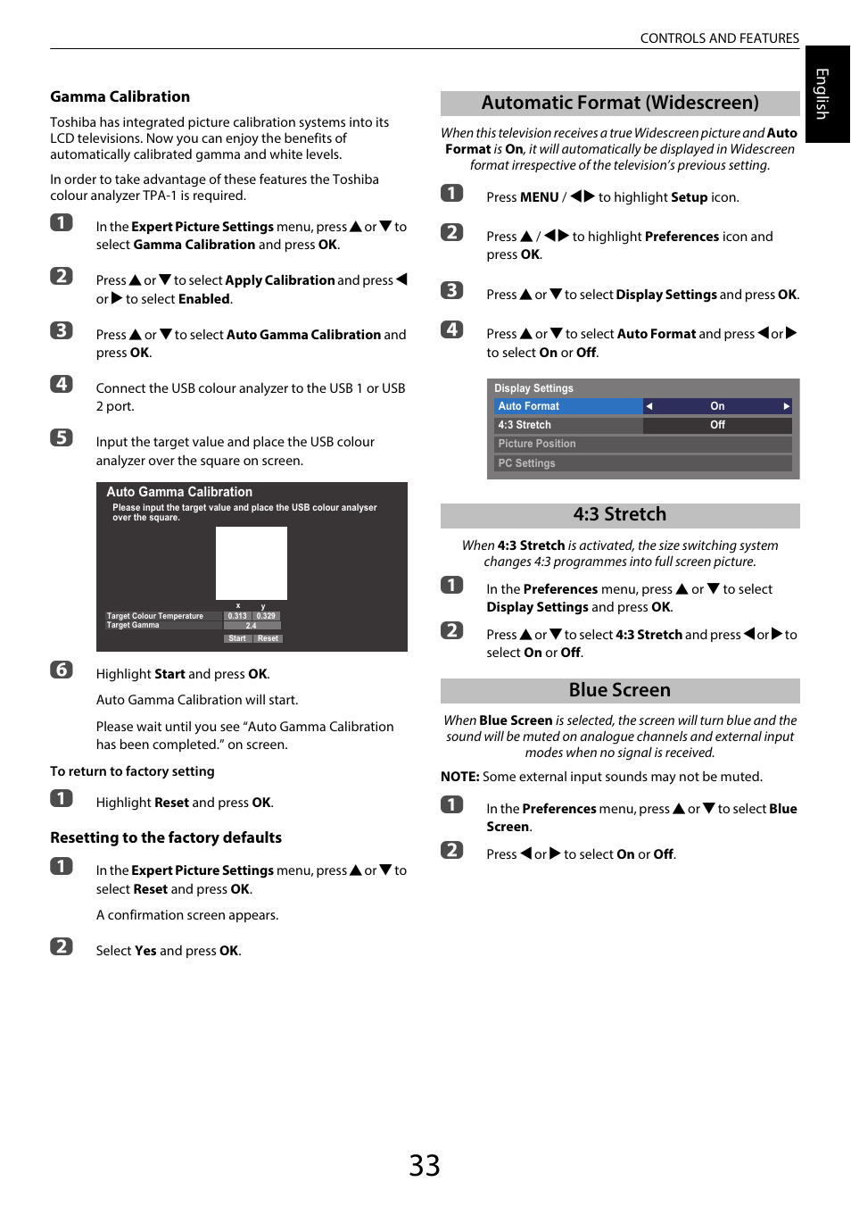 Automatic format (widescreen), 3 stretch, Blue screen | Toshiba RL958 User Manual | Page 33 / 88