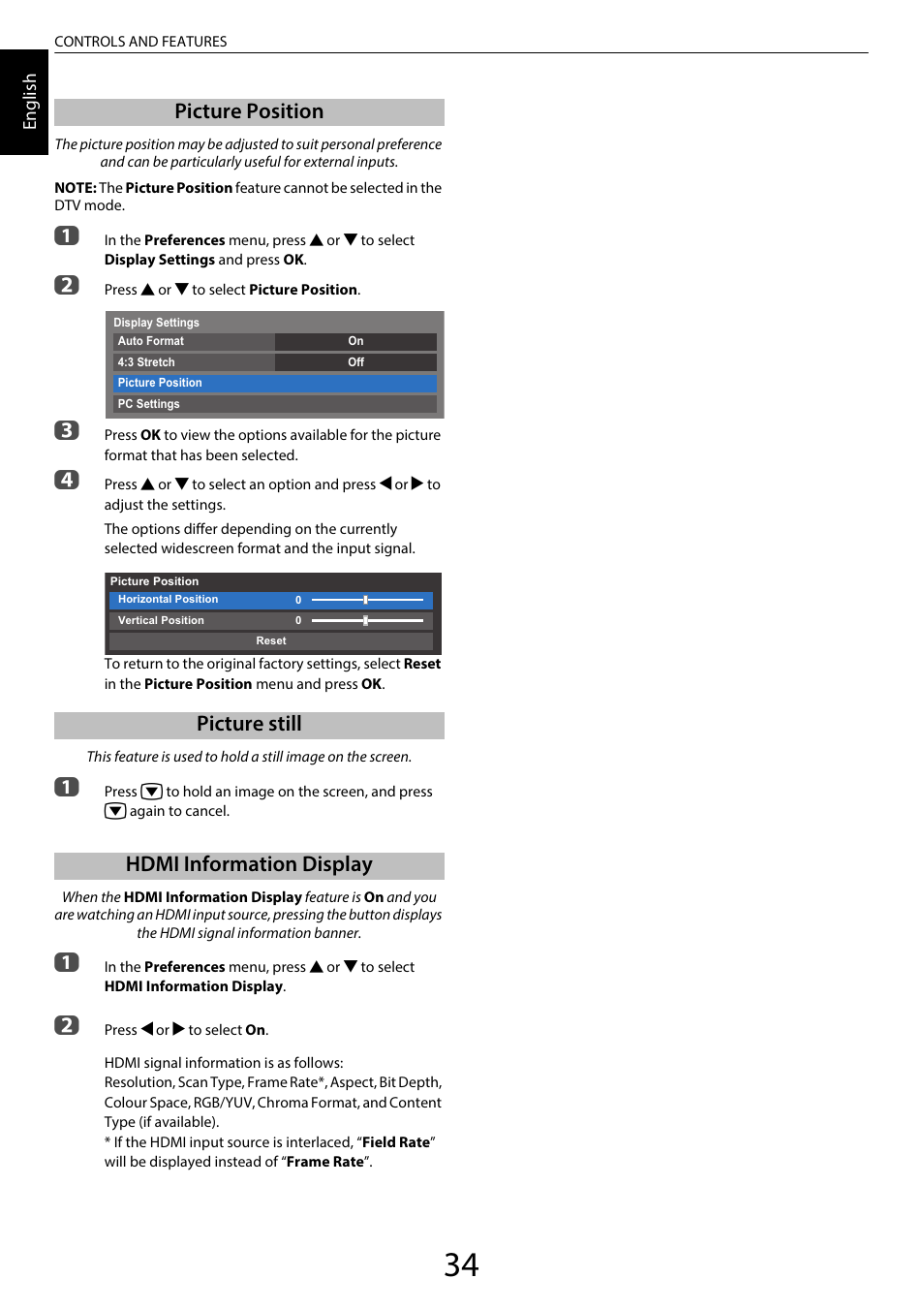 Picture position, Picture still, Hdmi information display | Toshiba RL958 User Manual | Page 34 / 88