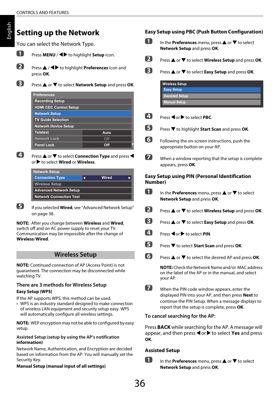 Setting up the network, Wireless setup | Toshiba RL958 User Manual | Page 36 / 88