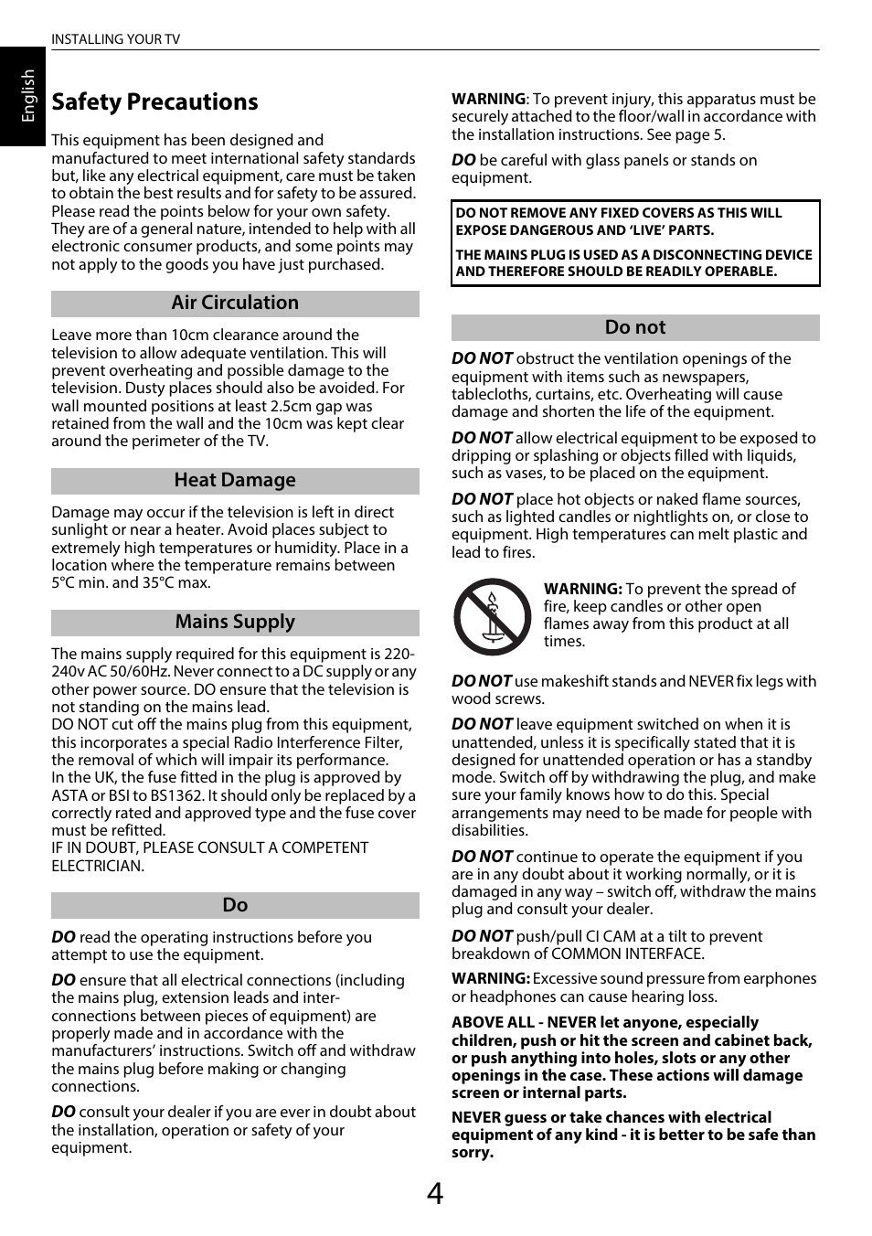 Installing your tv, Safety precautions | Toshiba RL958 User Manual | Page 4 / 88