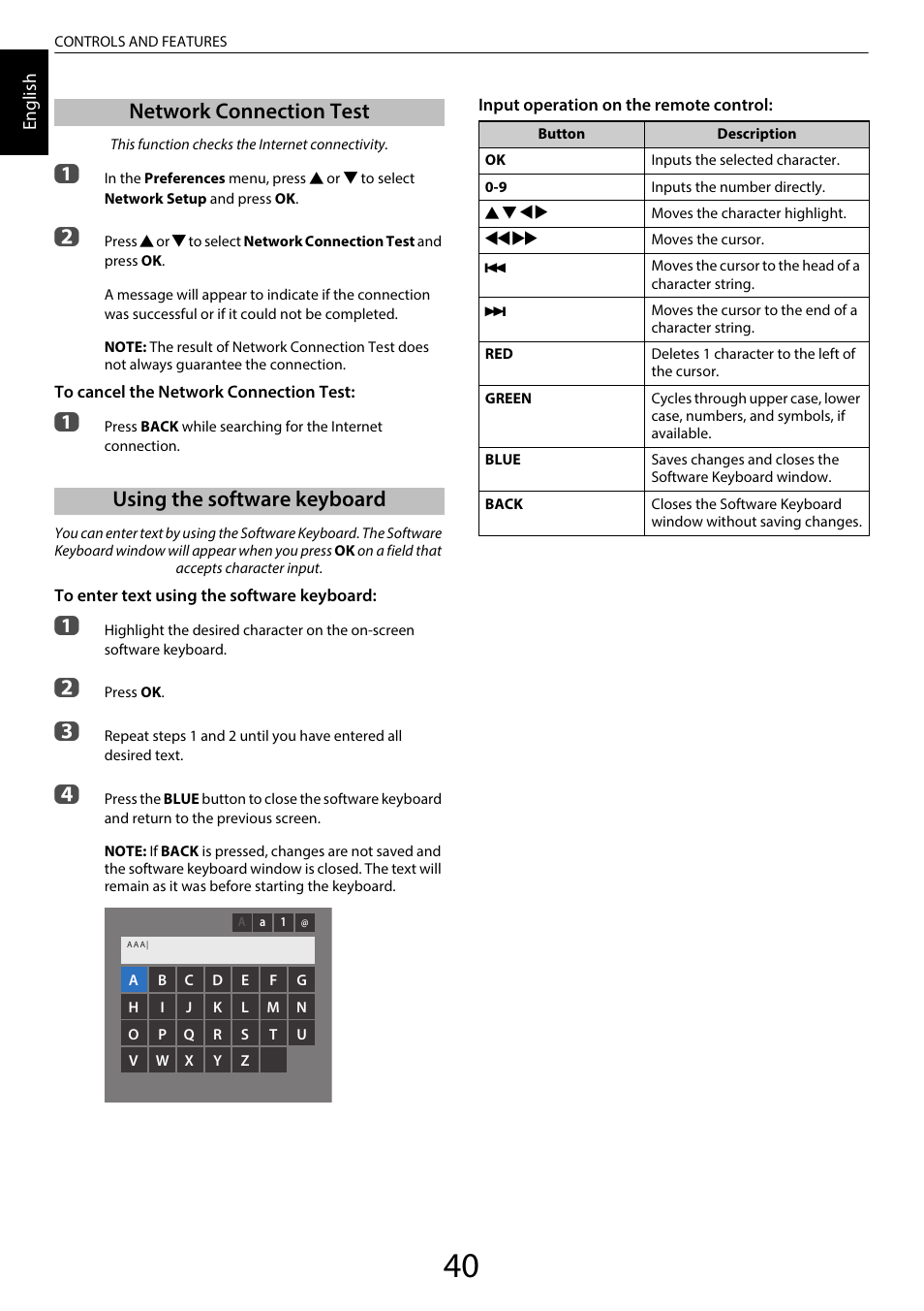 Network connection test, Using the software keyboard | Toshiba RL958 User Manual | Page 40 / 88