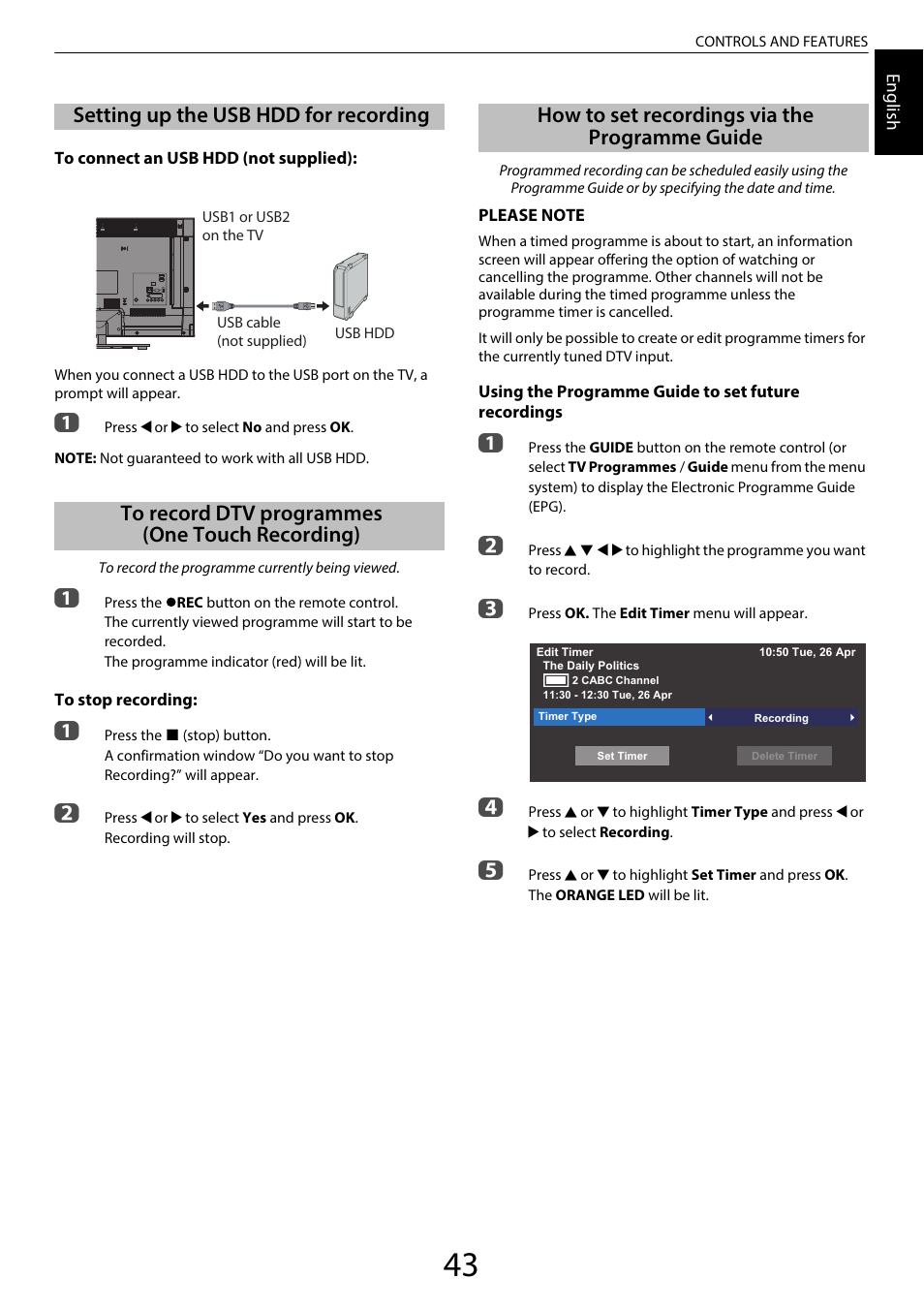 Setting up the usb hdd for recording, To record dtv programmes (one touch recording), How to set recordings via the programme guide | One touch recording) | Toshiba RL958 User Manual | Page 43 / 88