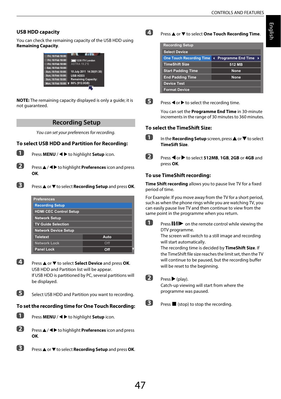 Recording setup, Engl ish | Toshiba RL958 User Manual | Page 47 / 88