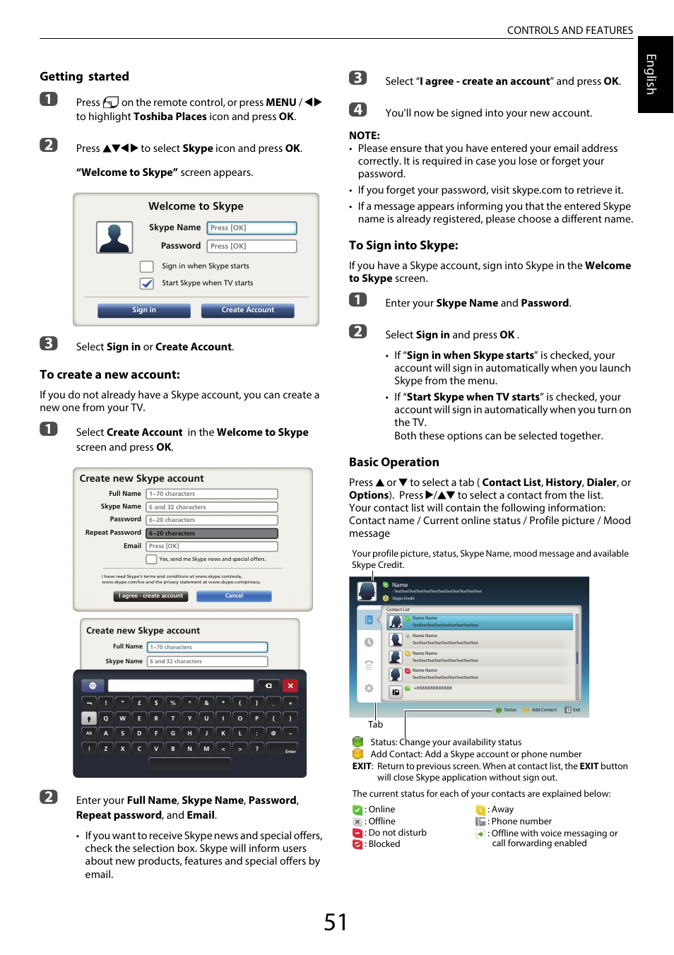 Engl ish, Getting started, Basic operation | Controls and features, Select sign in or create account, Enter your skype name and password | Toshiba RL958 User Manual | Page 51 / 88