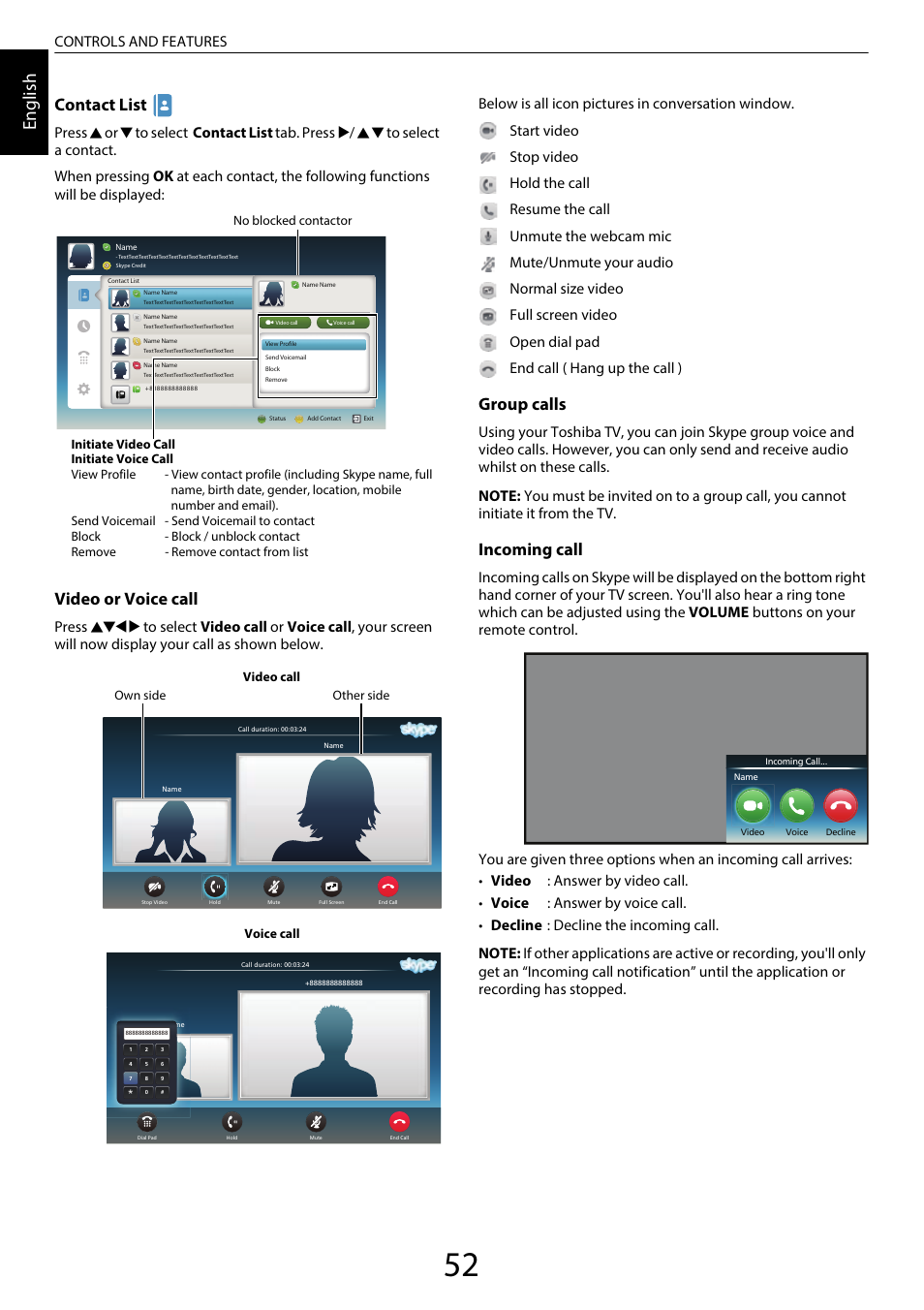 En glis h, Contact list, Video or voice call | Group calls, Incoming call, Controls and features | Toshiba RL958 User Manual | Page 52 / 88